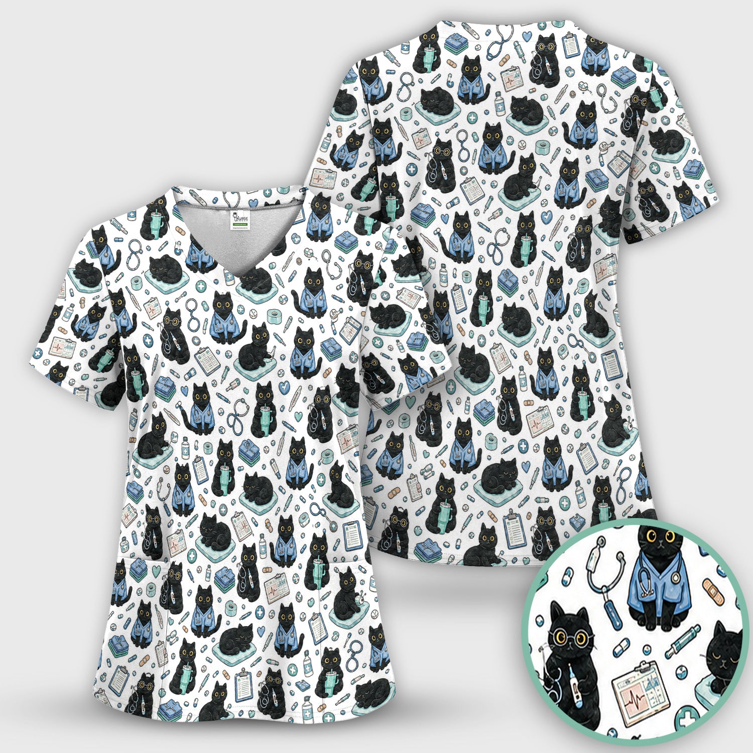 Black Cat Clinic Scrub Top, Comfortable Scrubs for Nurses