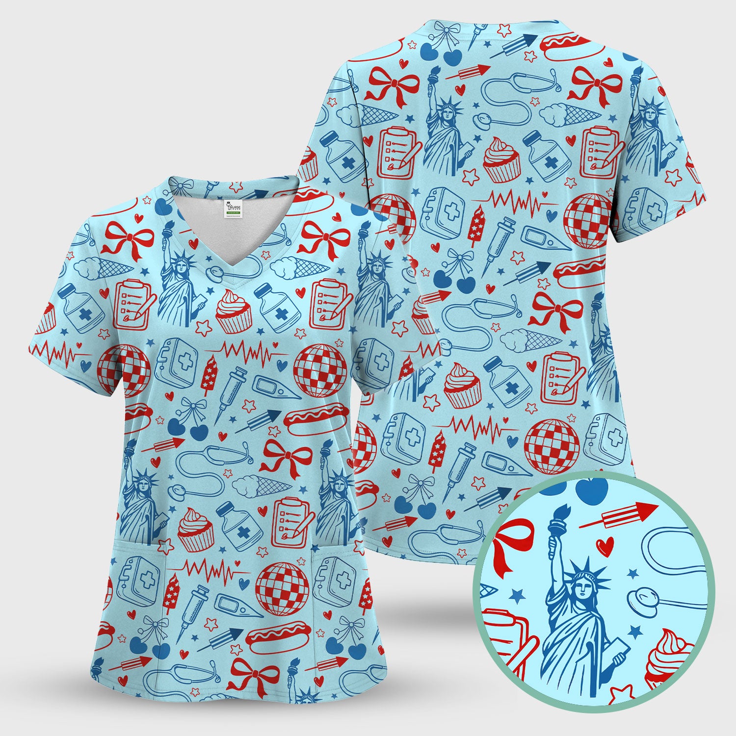 Patriotic Nurse Medical Icons Pattern Scrub Set, Scrub Pants and V Neck Top