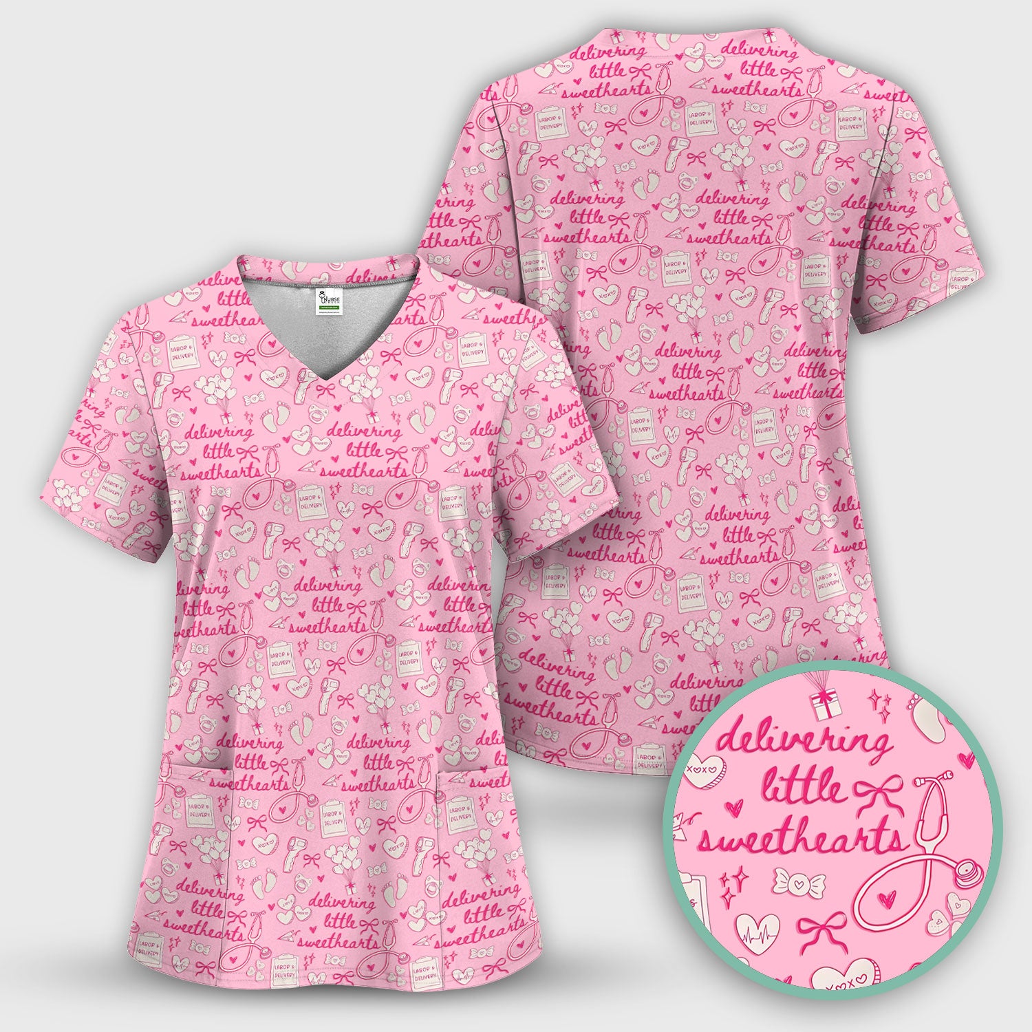 Valentine Labor And Delivery Scrub Top, XOXO Pattern Scrub Shirt, Breathable Fabrics Nursing Uniform For Women