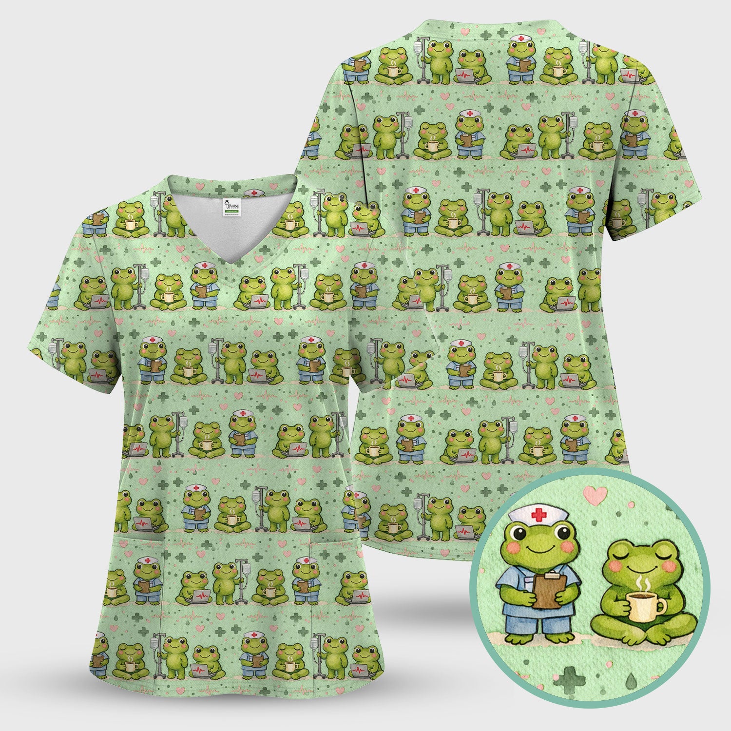 Adorable Frog Nurse Various Poses Print Scrub Top, Comfortable Scrubs for Nurses