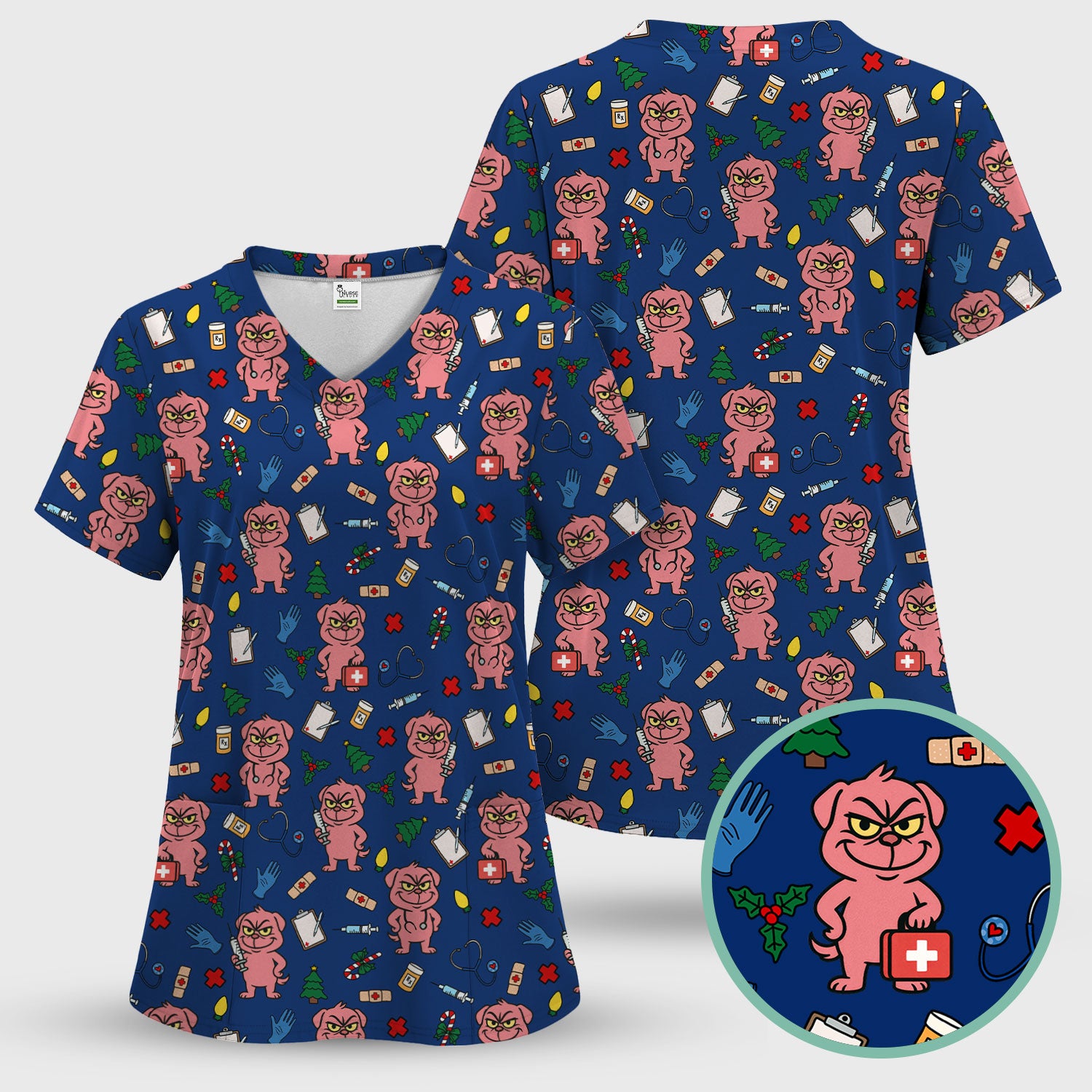 Christmas Scrub Set for Nurses - Funny Pink Dog Pattern - Holiday Nurse Scrubs with Tree, Bandage and Stethoscope Print