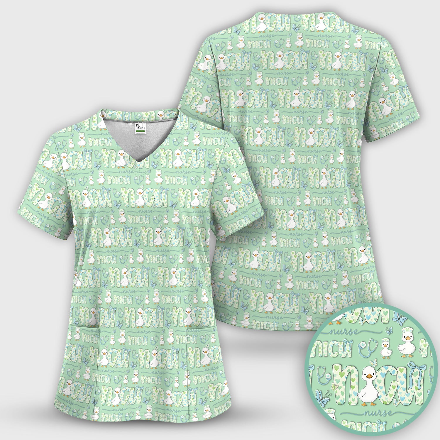 NICU Nurse Duck Pattern Scrub Set, Scrub Pants and V Neck Top