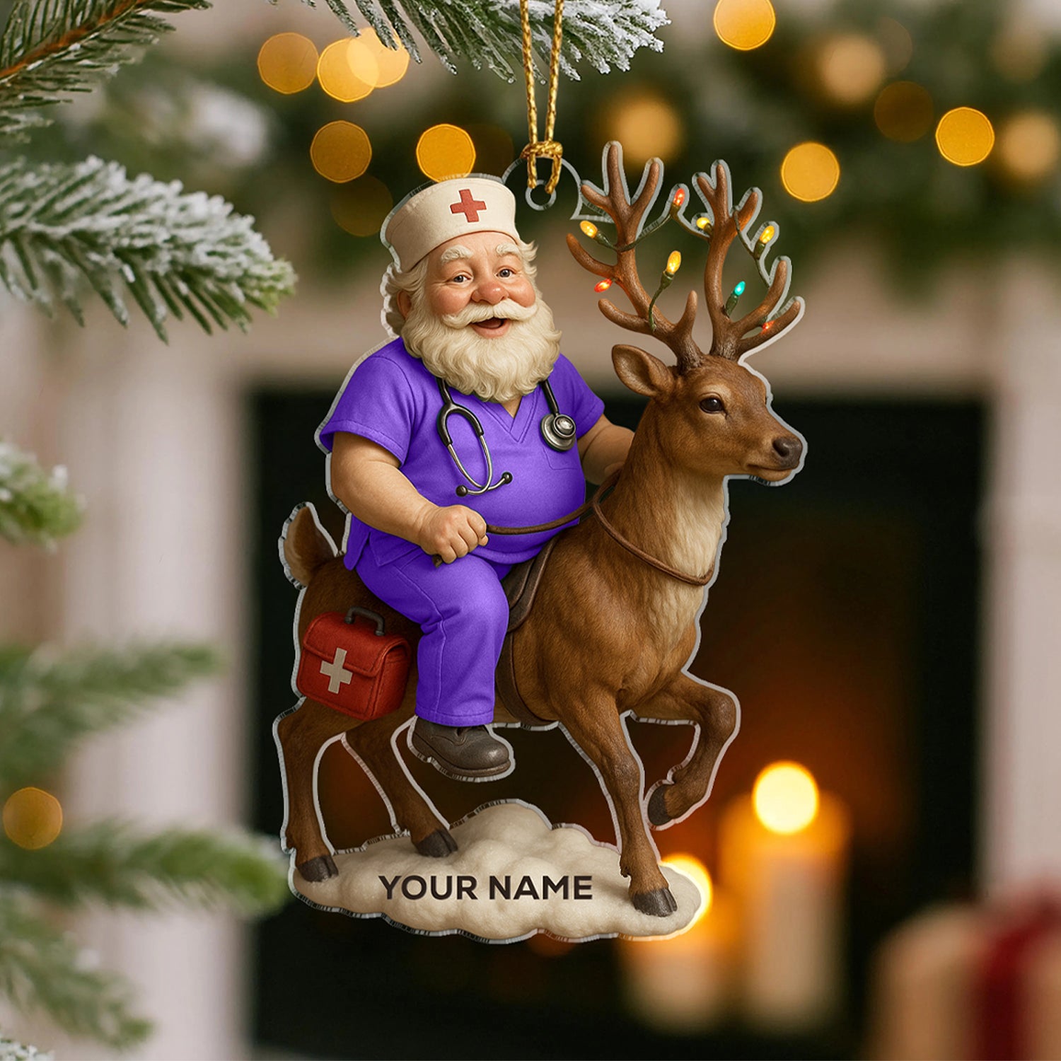 Personalized Nurse Santa Ornament, Custom Name Christmas Ornament with Reindeer, Funny Medical Ornament Gift for RN, LPN, CNA