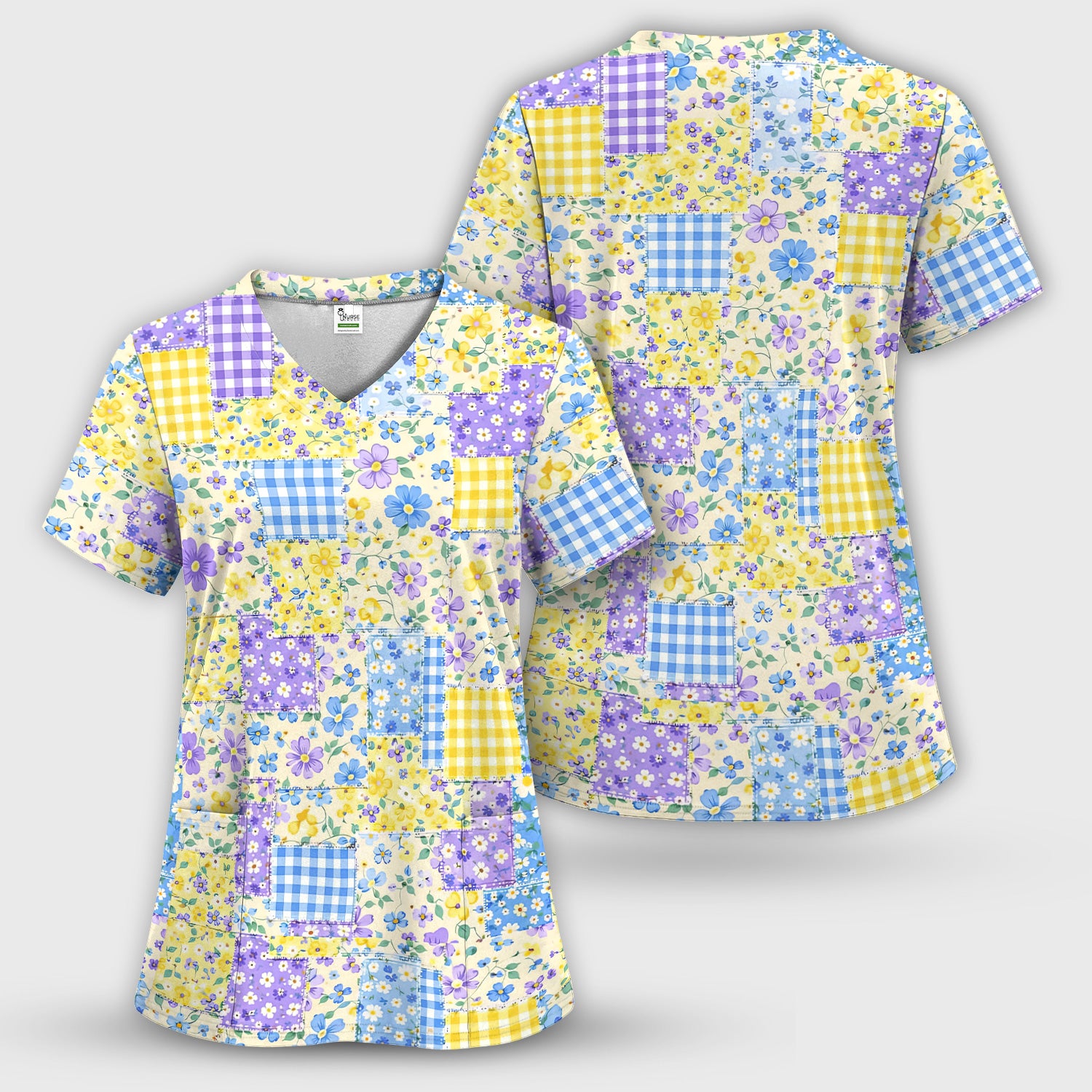 Cute Floral Patchwork Gingham Pattern Scrub Set, Women's Scrub Sets