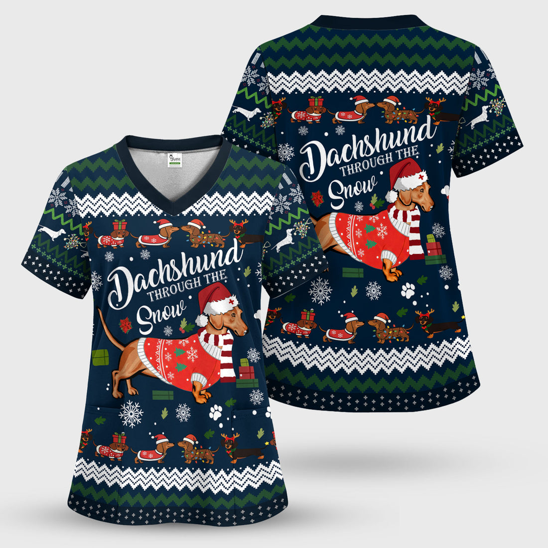 Dachshund Through the Snow - Funny Christmas Scrub Top - Wiener Dog Lover Gift - Holiday Medical Uniform