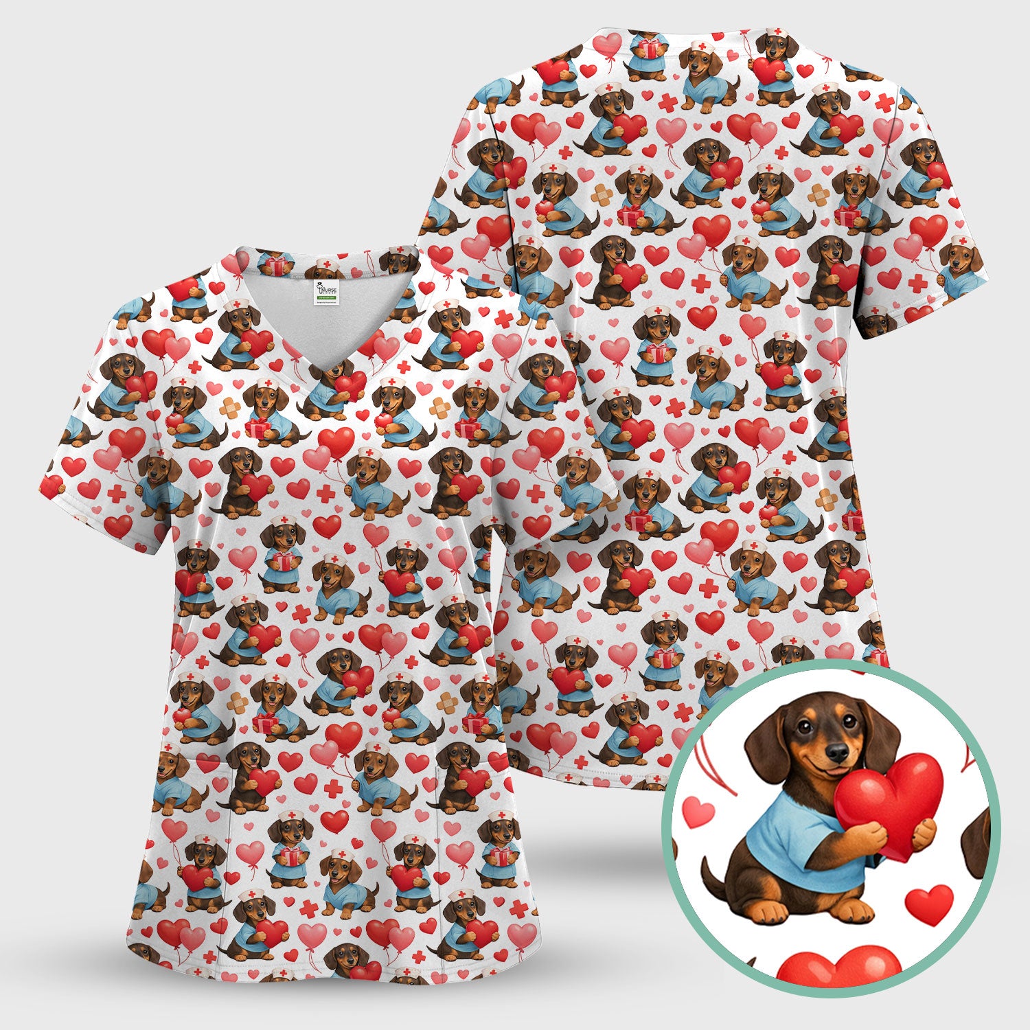Dachshund Valentine Nurse Scrub Top, Cute  Wiener Dog Medical Pattern Shirt, Breathable Fabrics Nursing Uniform