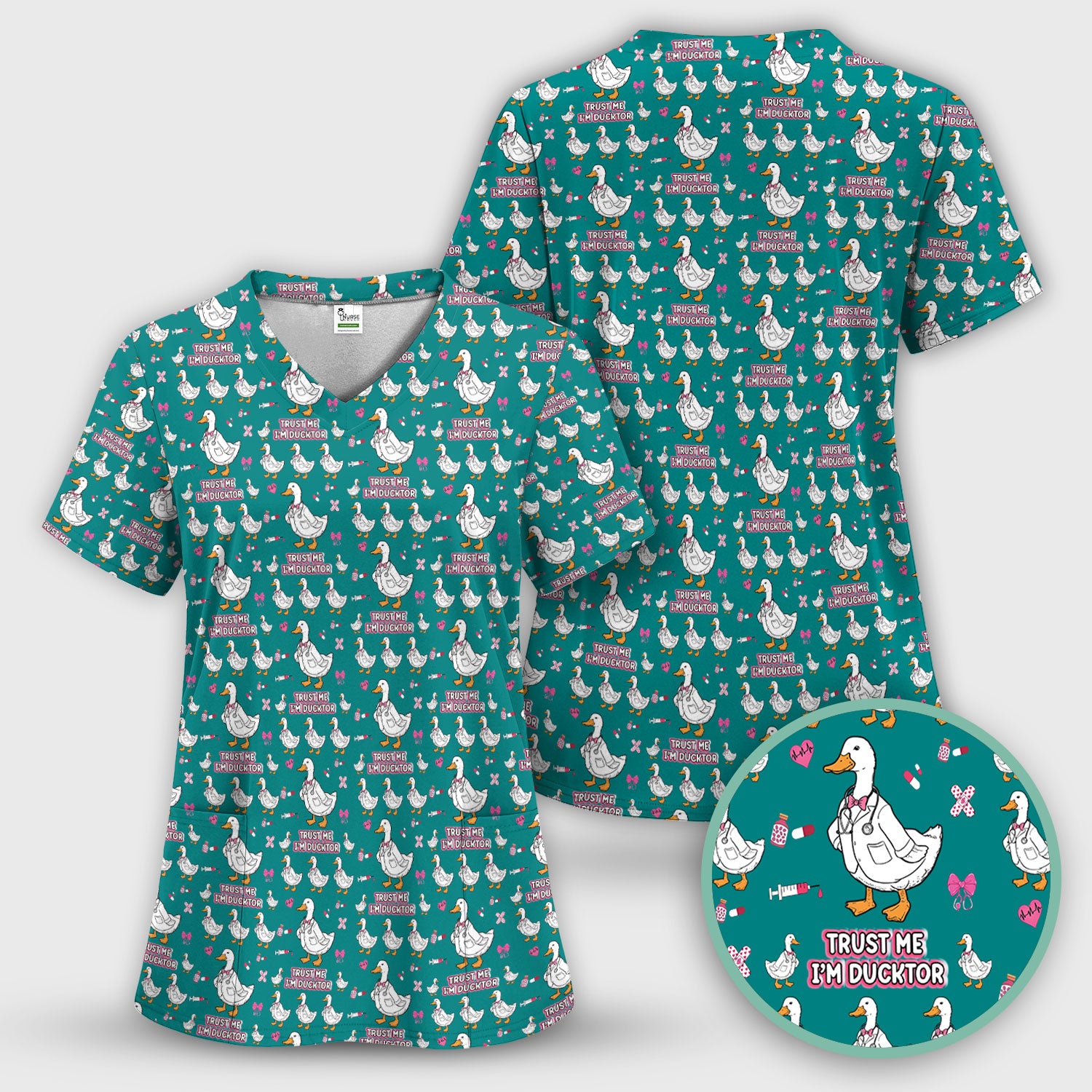 Trust Me I'm Ducktor Scrub Top, Funny Duck Pattern Scrub Shirt, Breathable Fabrics Nursing Uniform For Women