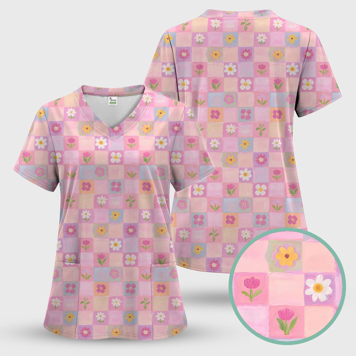 Lovely Pastel Floral Patchwork Pattern Scrub Set, Scrub Pants and V Neck Top