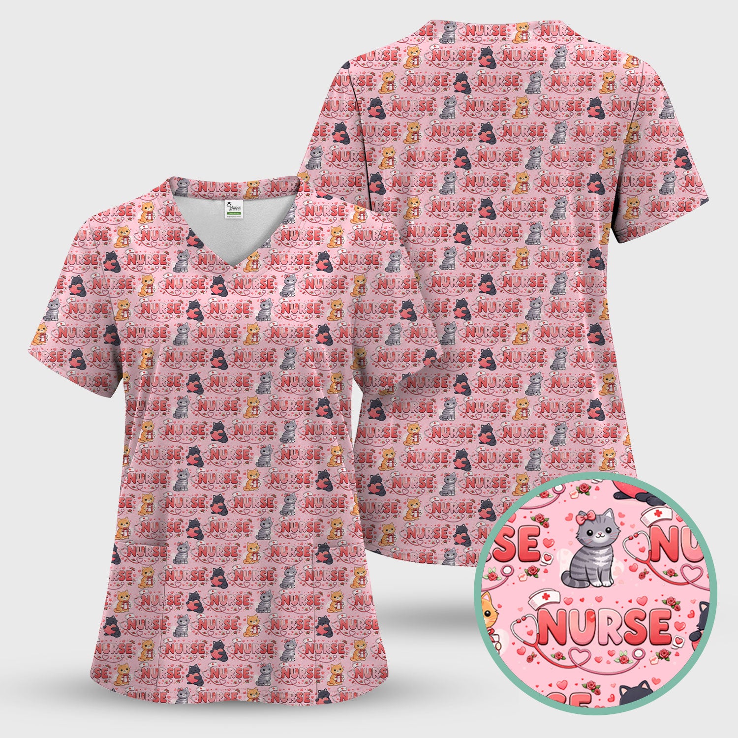 Nurse Cat Heart Pattern Valentine Scrub Set, Women's Scrub Sets V Neck Top