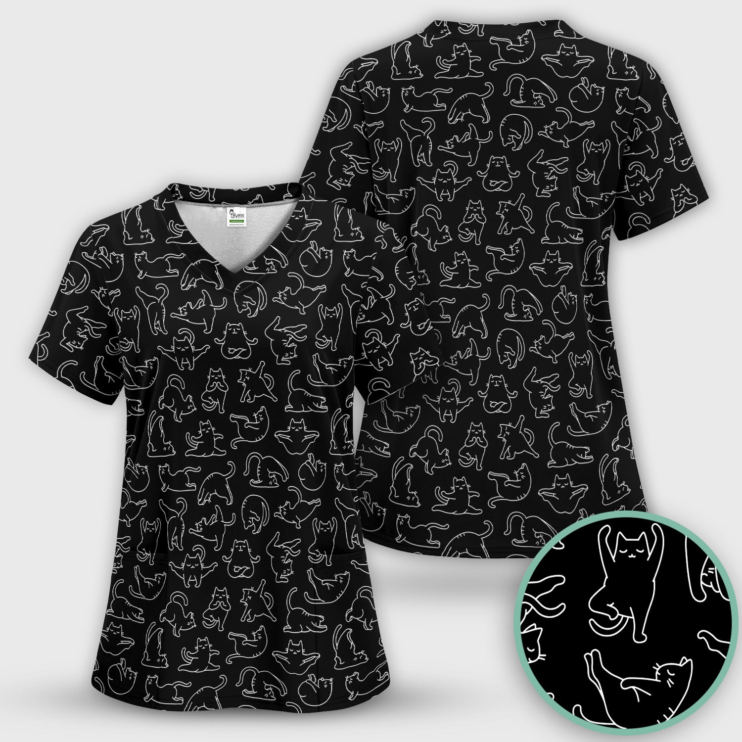 Cute Cat Outline Playing Pattern Scrub Top, Colorful Gothic Nurse Scrubs Uniform