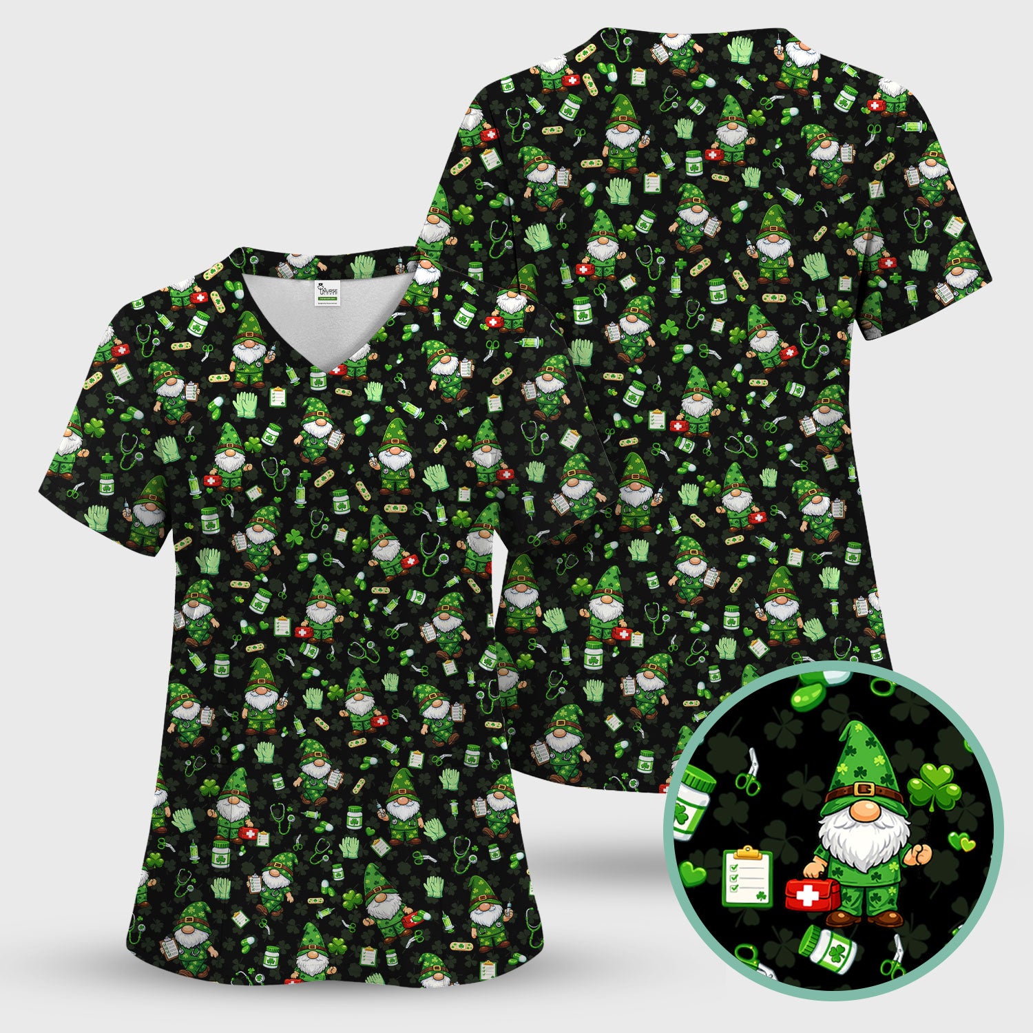St. Patrick’s Day Nurse Gnome Scrub Top, Green Lucky Medical Pattern Nurse Shirt, Breathable Fabrics Nursing Uniform