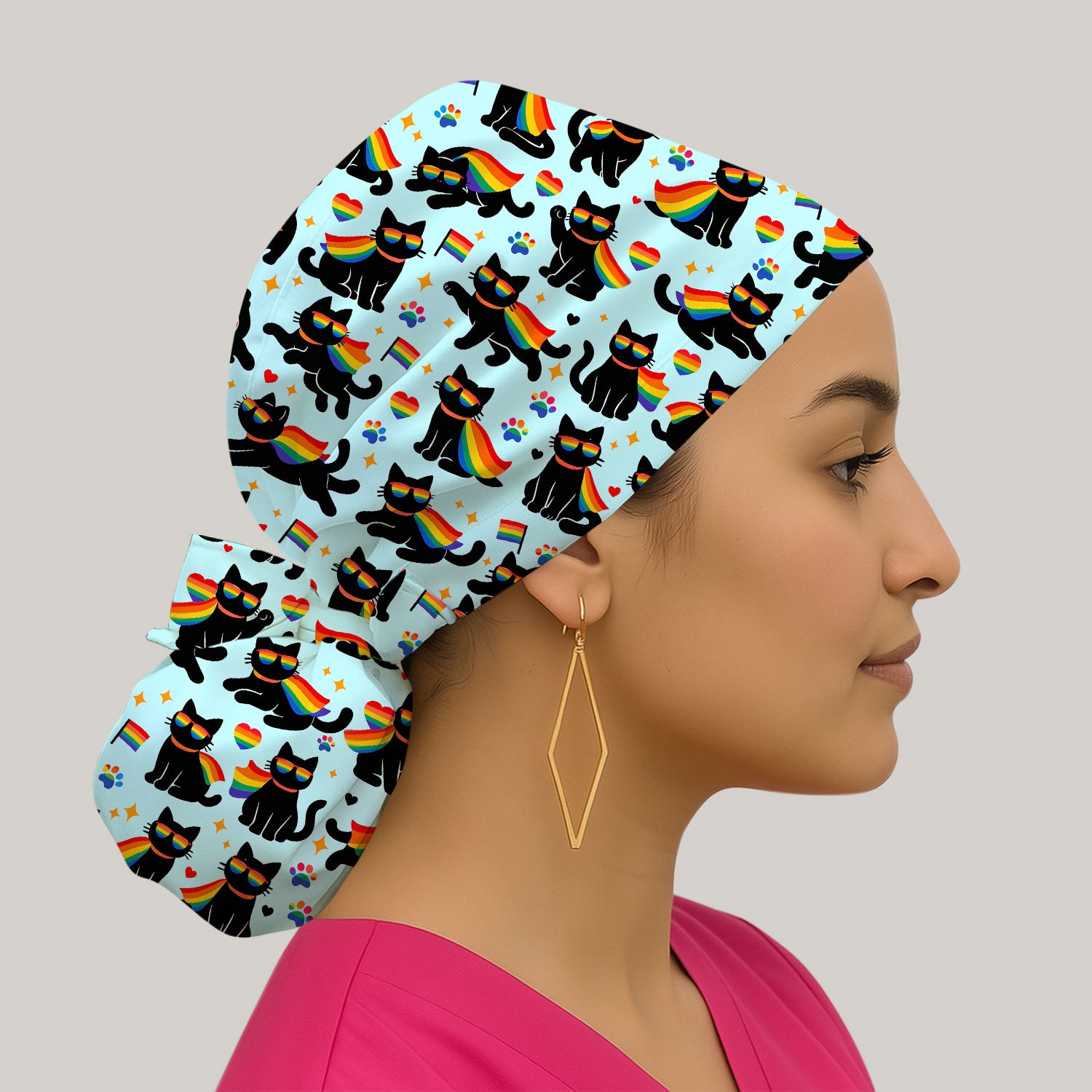 Rainbow Black Cat Pride Pattern Scrub Cap, Surgical Caps for Doctors