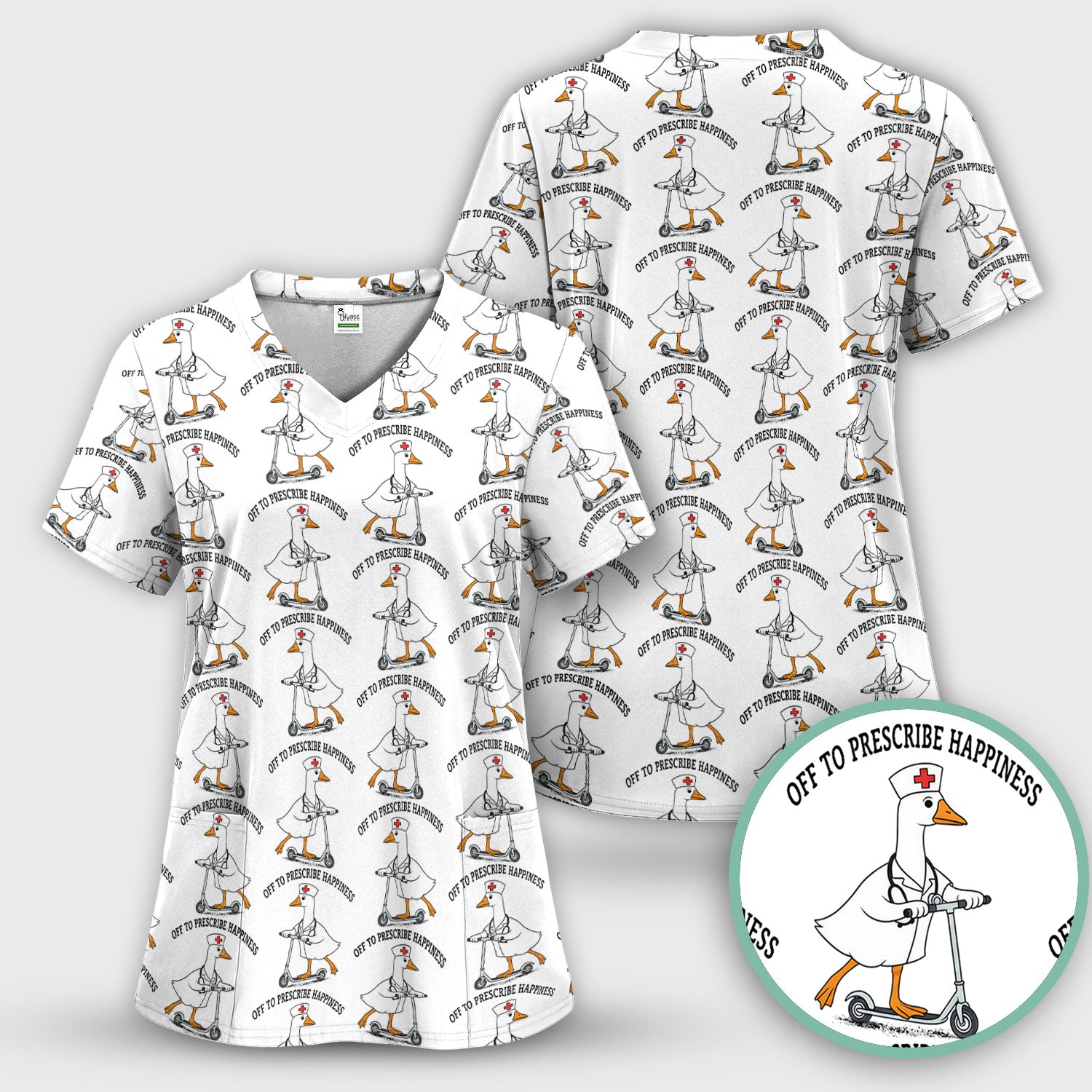 Nurse Goose Scooter Print Scrub Top, Breathable Fabrics Nursing Uniform