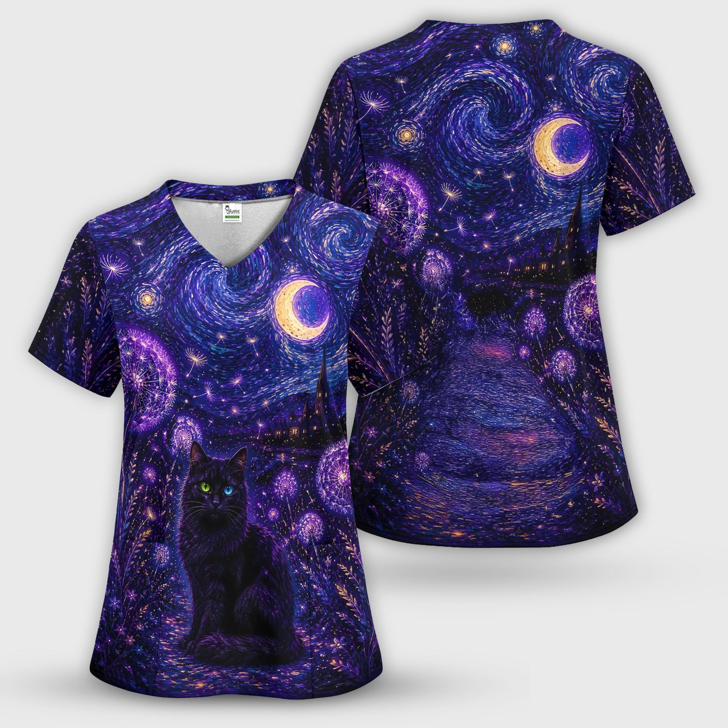 Mystical Black Cat Starry Night Print Scrub Top, Comfortable Scrubs for Nurses