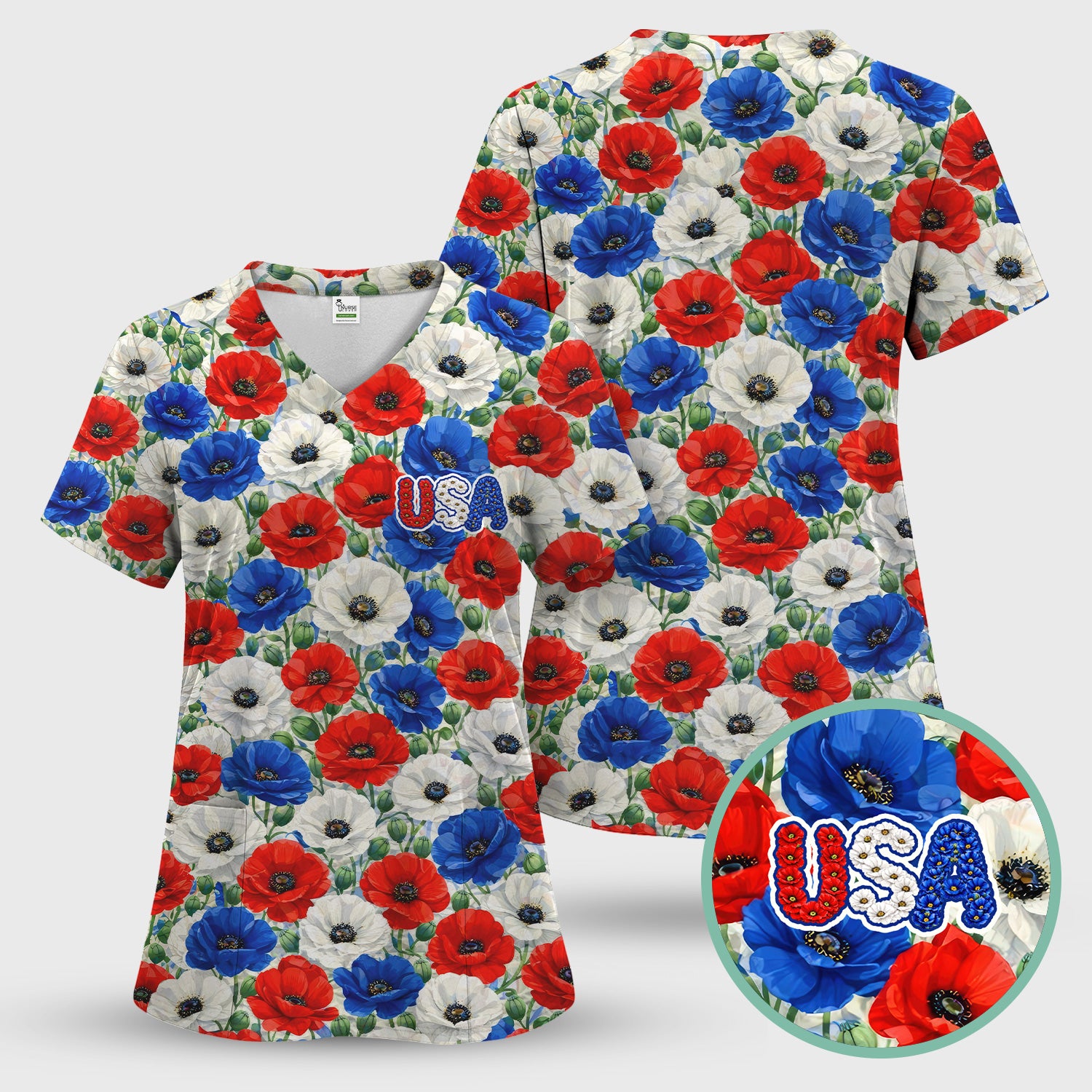 Festive Patriotic Red Blue Poppy Floral Pattern Scrub Set, Scrub Pants and V Neck Top