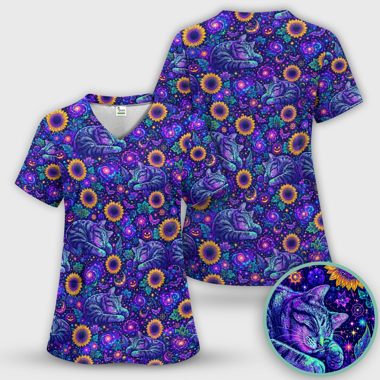 Spooky Galaxy Cat And Sunflowers Scrub Top, Comfortable Scrubs for Nurses