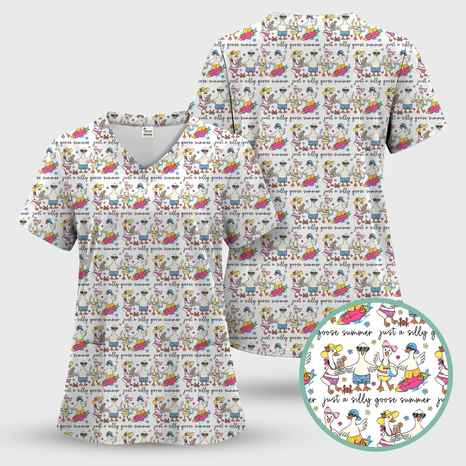 Funny Goose Summer Beach Pattern Scrub Top, Comfortable Scrubs for Nurses