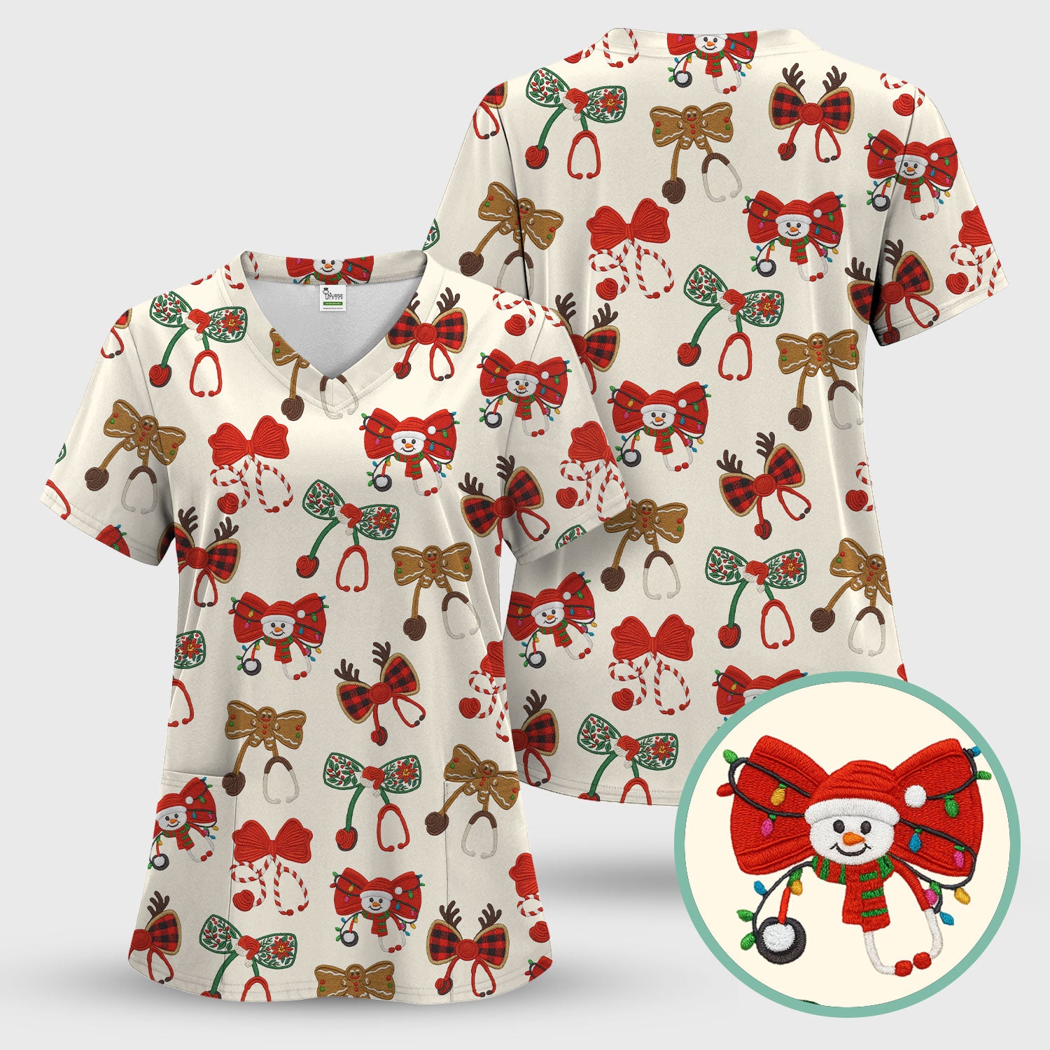 Christmas Stethoscope Bow Nurse Scrub Top, Xmas Pattern Scrub Shirt, Holiday Nursing Uniform