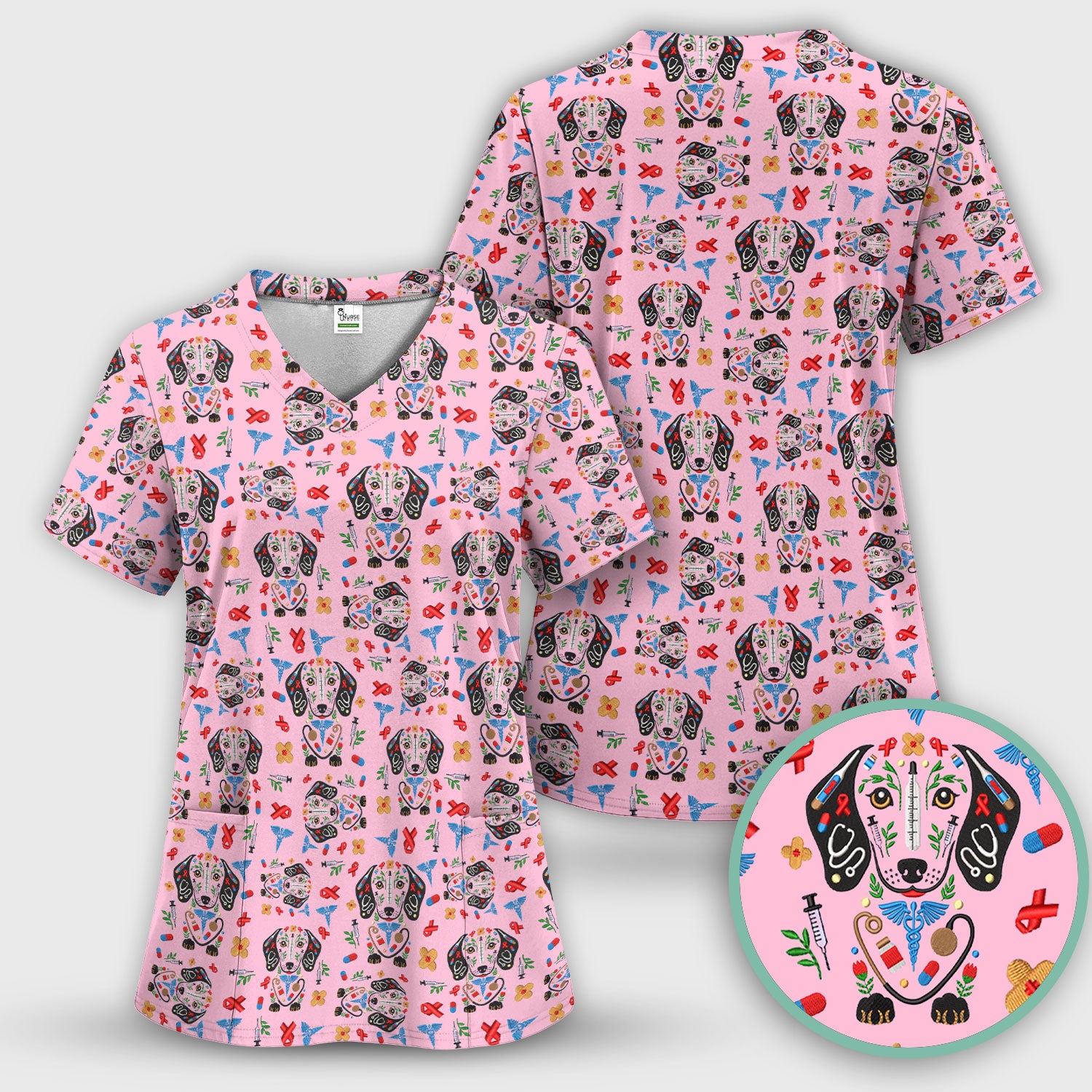 Dachshund Medical Icon Pattern Scrub Top, Comfortable Scrubs for Nurses