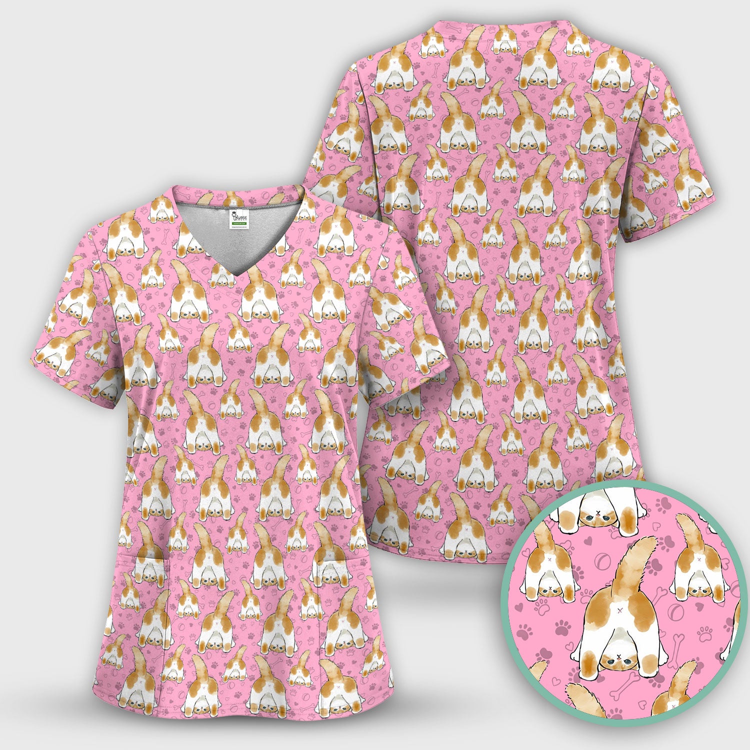 Cute Cat Butt Nurse Scrub Top, Cat Pattern Medical Shirt For Pet Lover, Breathable Fabrics Nursing Uniform