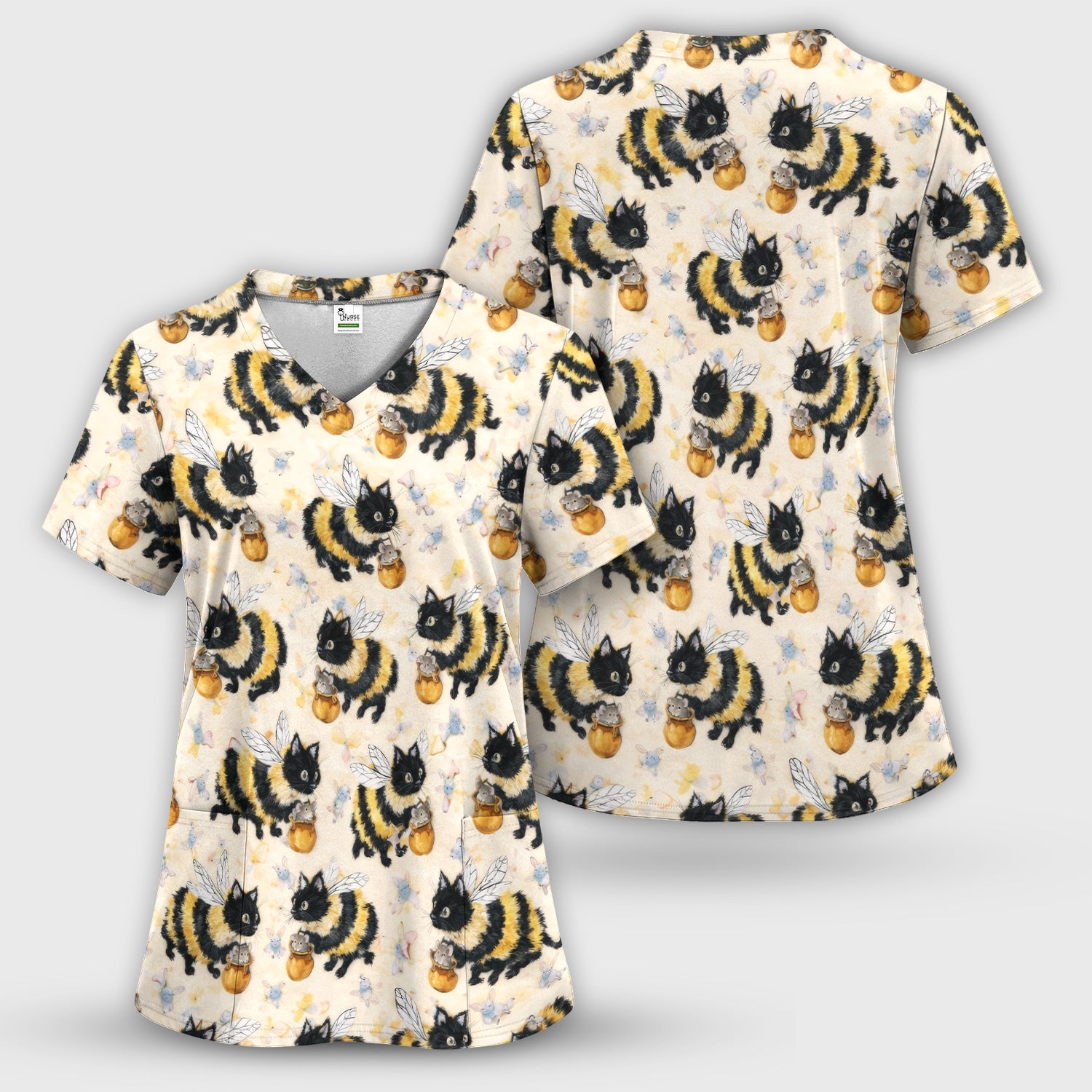 Adorable Nurse Bumblebee Cat Honey Jar Winged Pattern Scrub Set, Scrub Pants and V Neck Top
