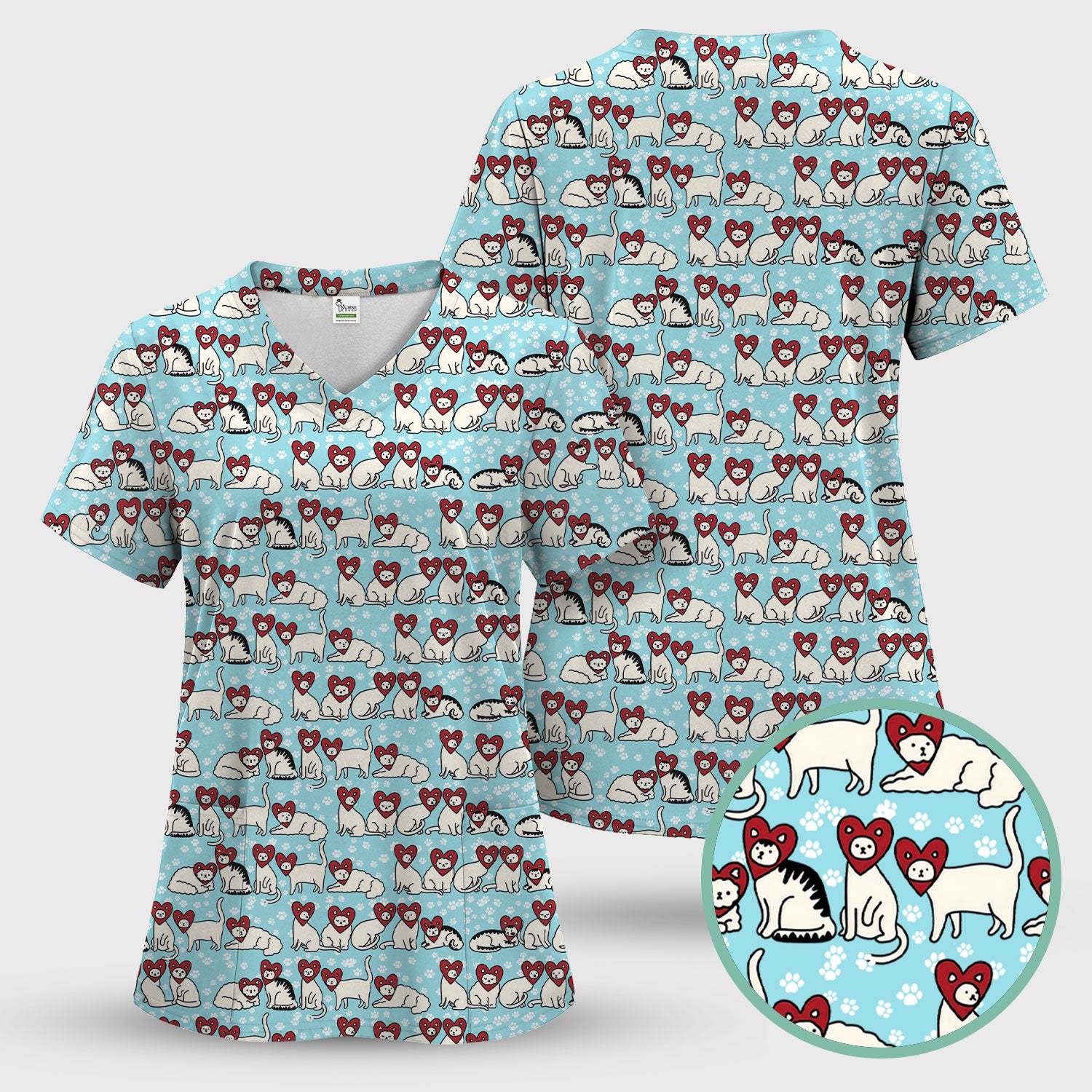 Cute Cat Heart Pattern Scrub Top, Funny Cat Scrub Shirt For Nurses, Breathable Fabrics Nursing Uniform