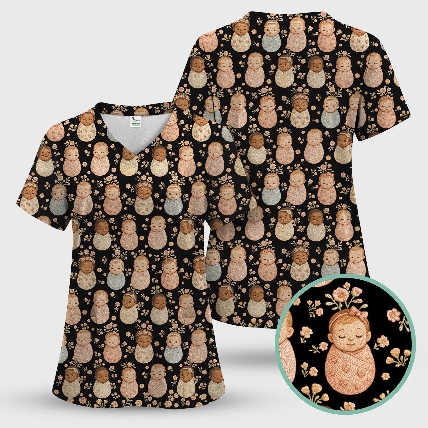 Sweet Newborn Baby Floral Print Nurse Scrub Top, Comfortable Scrubs for Nurses