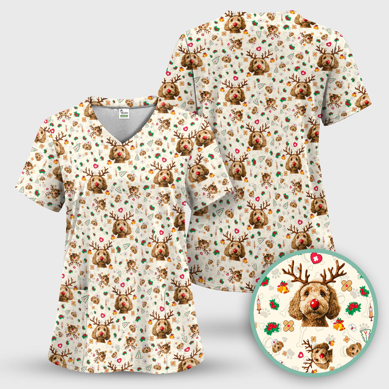 Labradoodle Reindeer Christmas Scrub Top - Funny Dog Nurse Shirt - Cute Holiday Medical Uniform for Women RN LPN CNA Gift