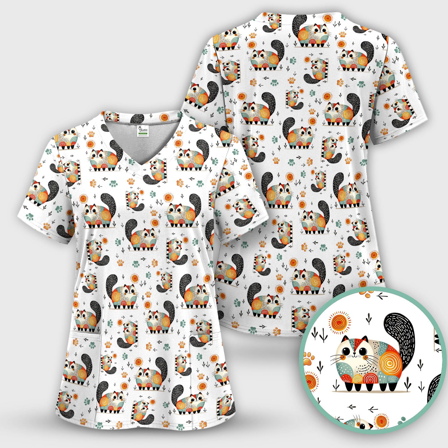 Playful Cat Illustration Nurse Scrub Top, Comfortable Scrubs for Nurses