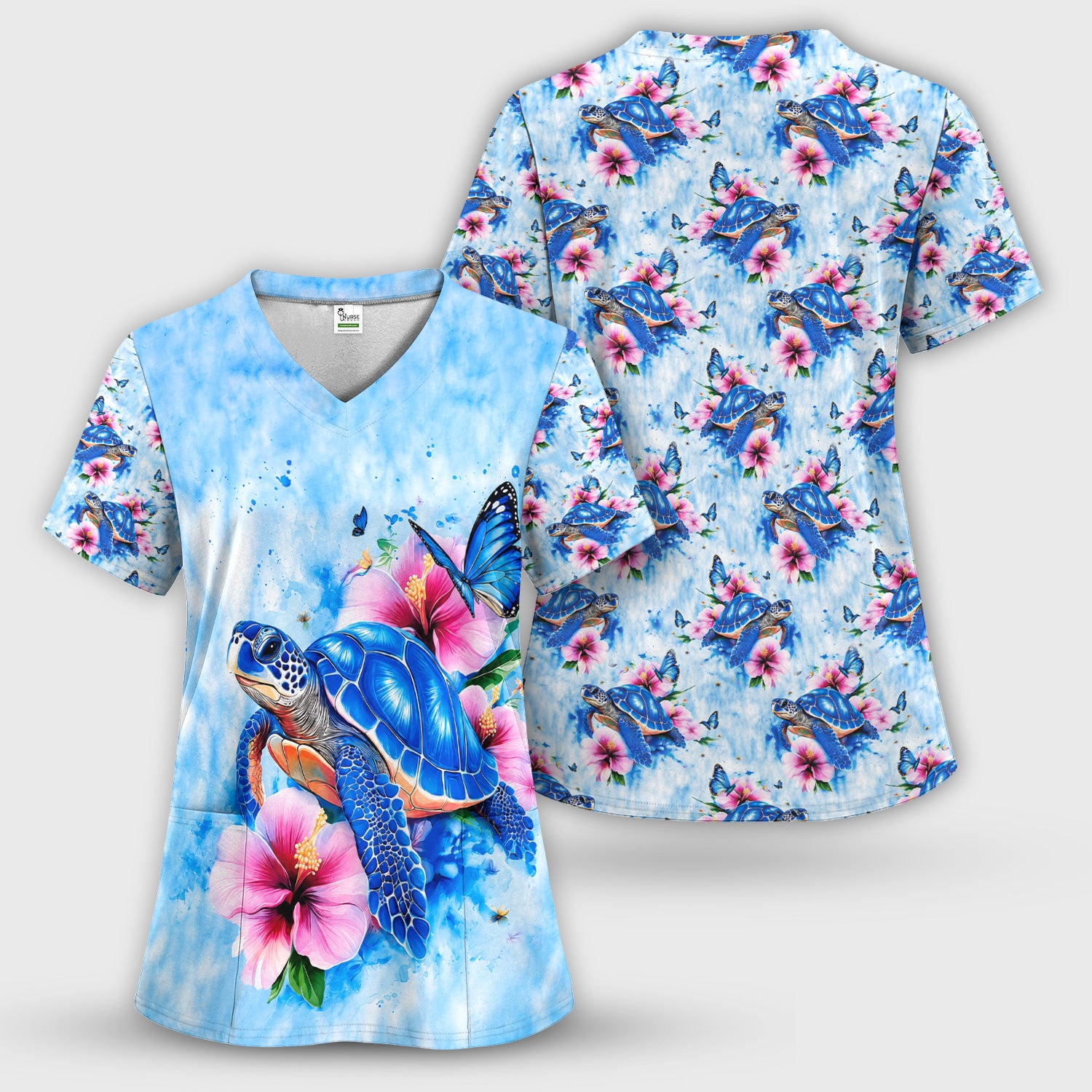Blue Sea Turtle Hibiscus Butterfly Print Scrub Set, Scrub Pants and V Neck Top