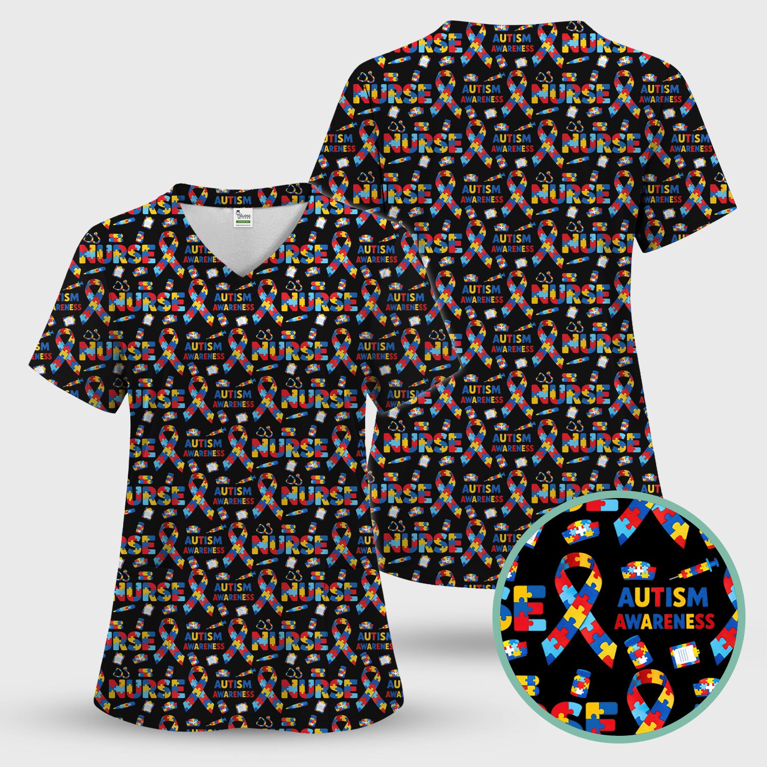 Autism Awareness Nurse Puzzle Ribbon Print Scrubs, Comfortable Scrubs for Nurses