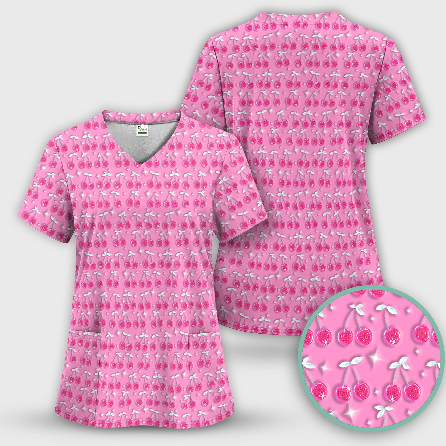 Pink Cherry Sparkle Print Scrub Top, Comfortable Scrubs for Nurses
