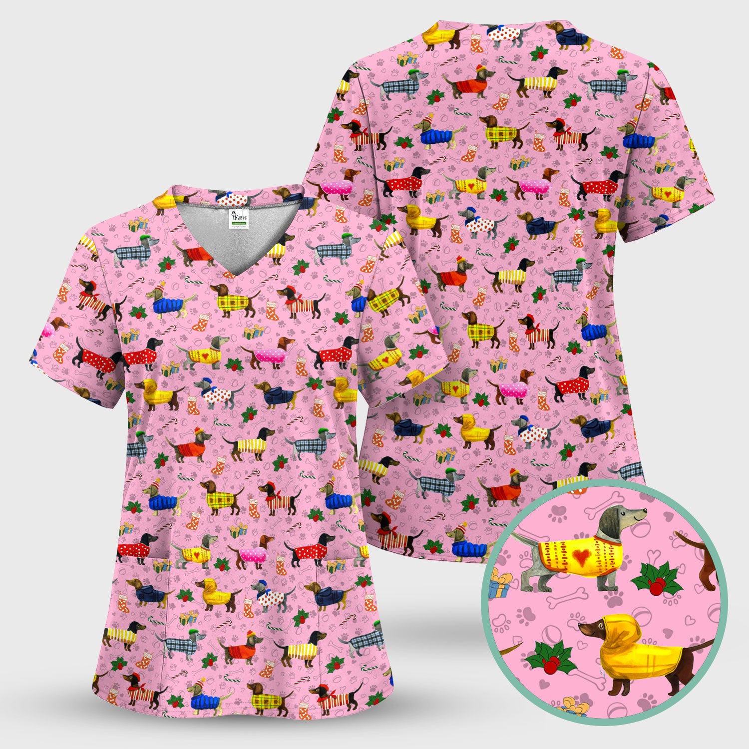Wiener Dog Med Scrubs - Comfortable Scrub Tops for Women - Doxies with Paw Prints Nurse Uniform - Christmas Gift for LPN RN CNA