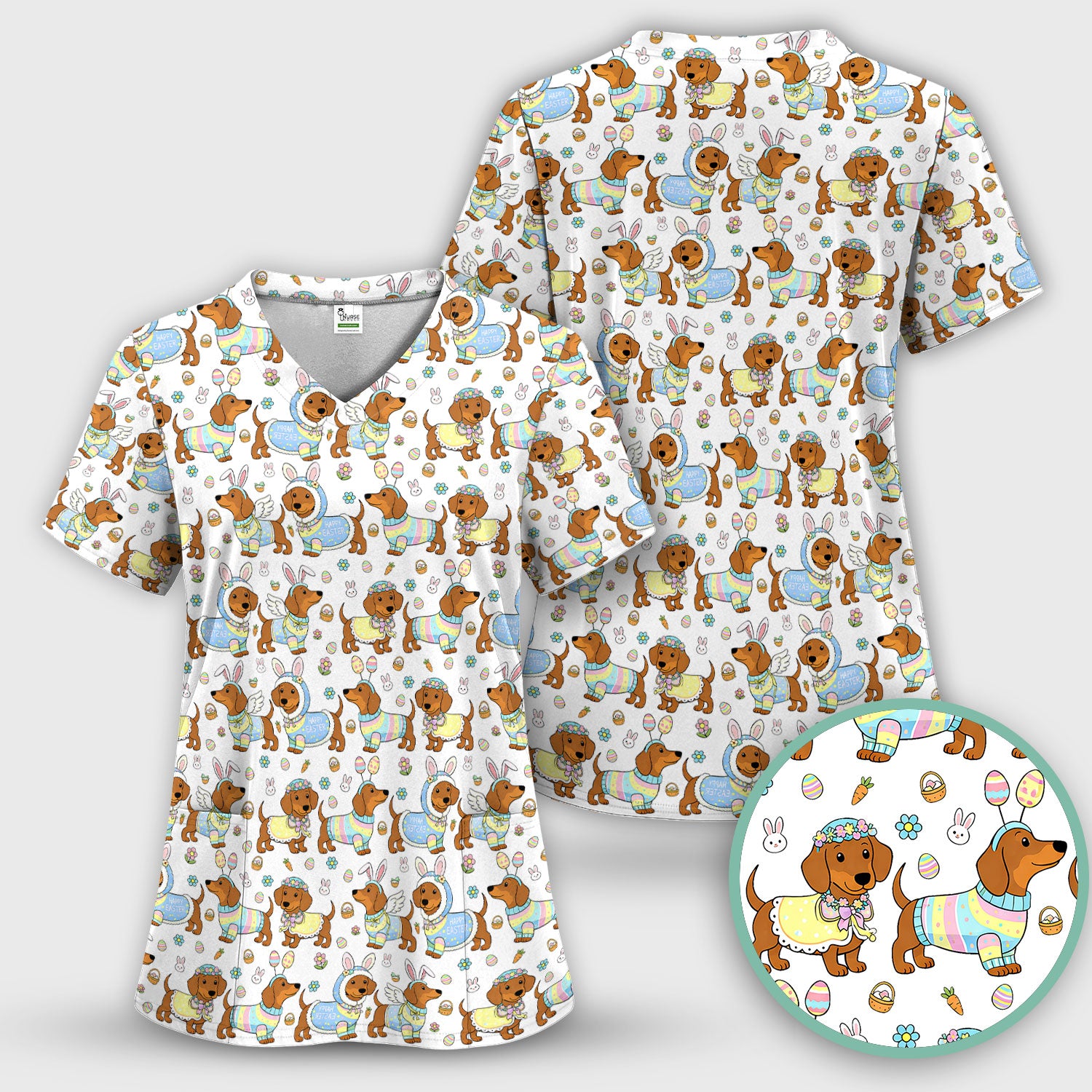 Easter Dachshund Bunny Print Scrub Top, Breathable Fabrics Nursing Uniform