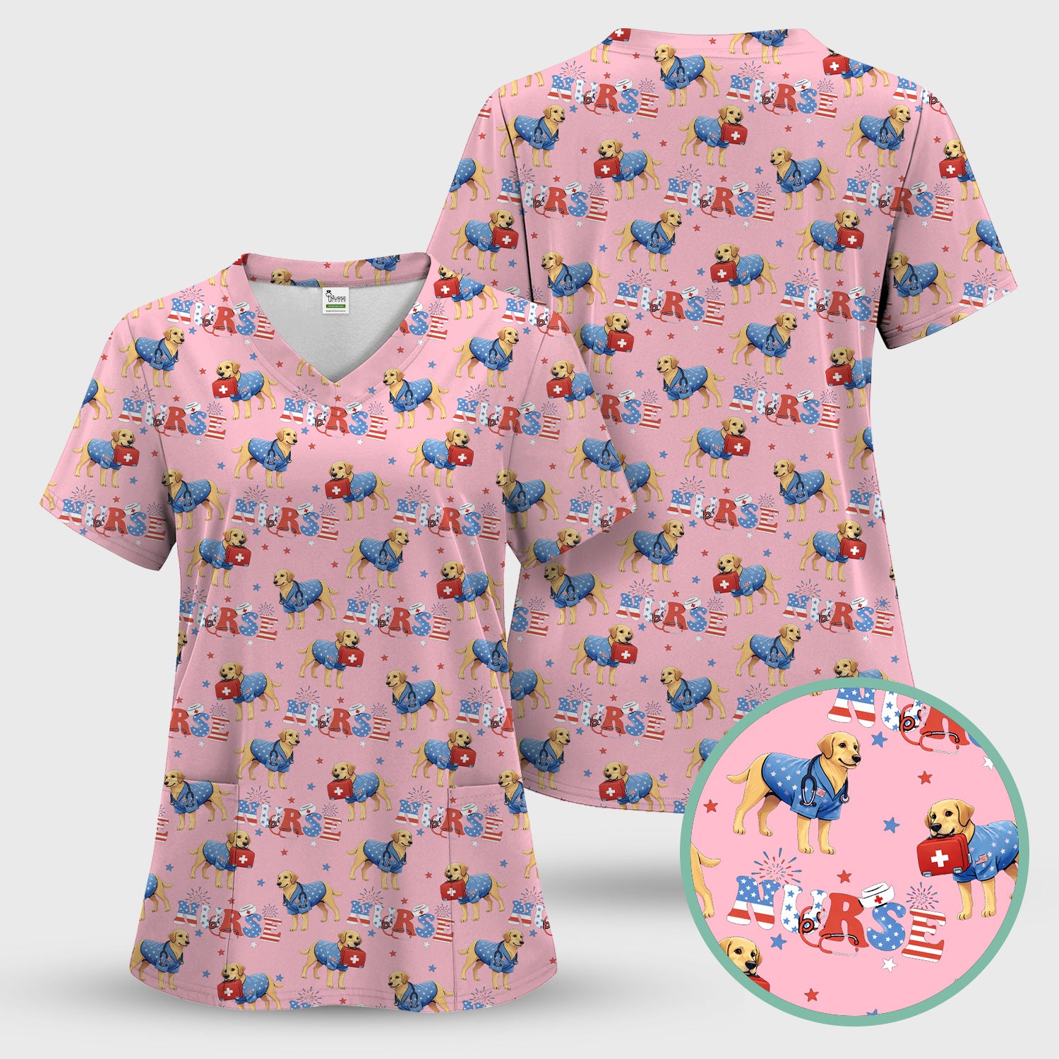 Patriotic Nurse Dog Medical Pattern Pattern Scrub Set, Women's Scrub Sets