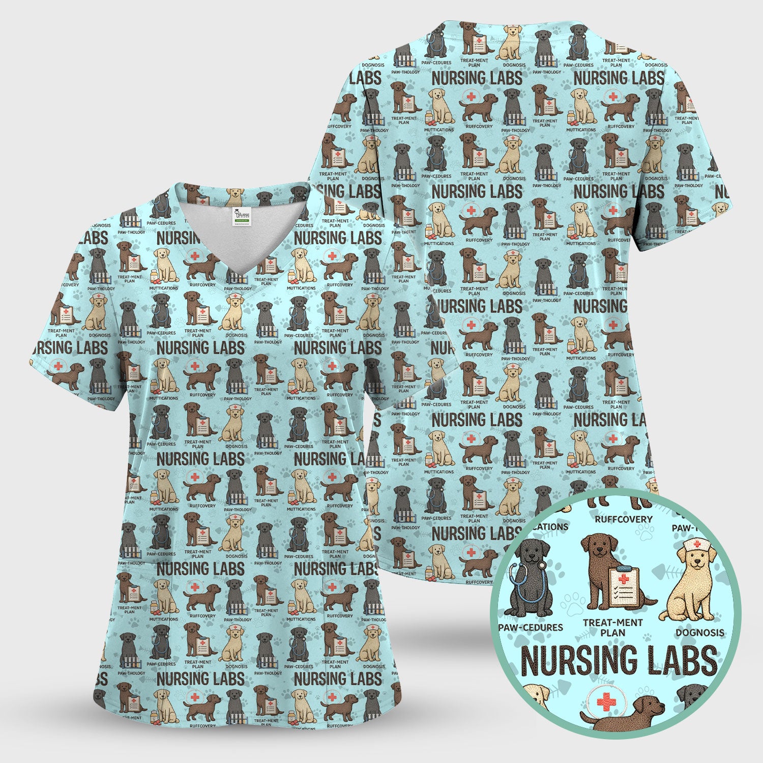 Playful Nursing Labs Dog Pattern Scrub Top, Comfortable Scrubs for Nurses