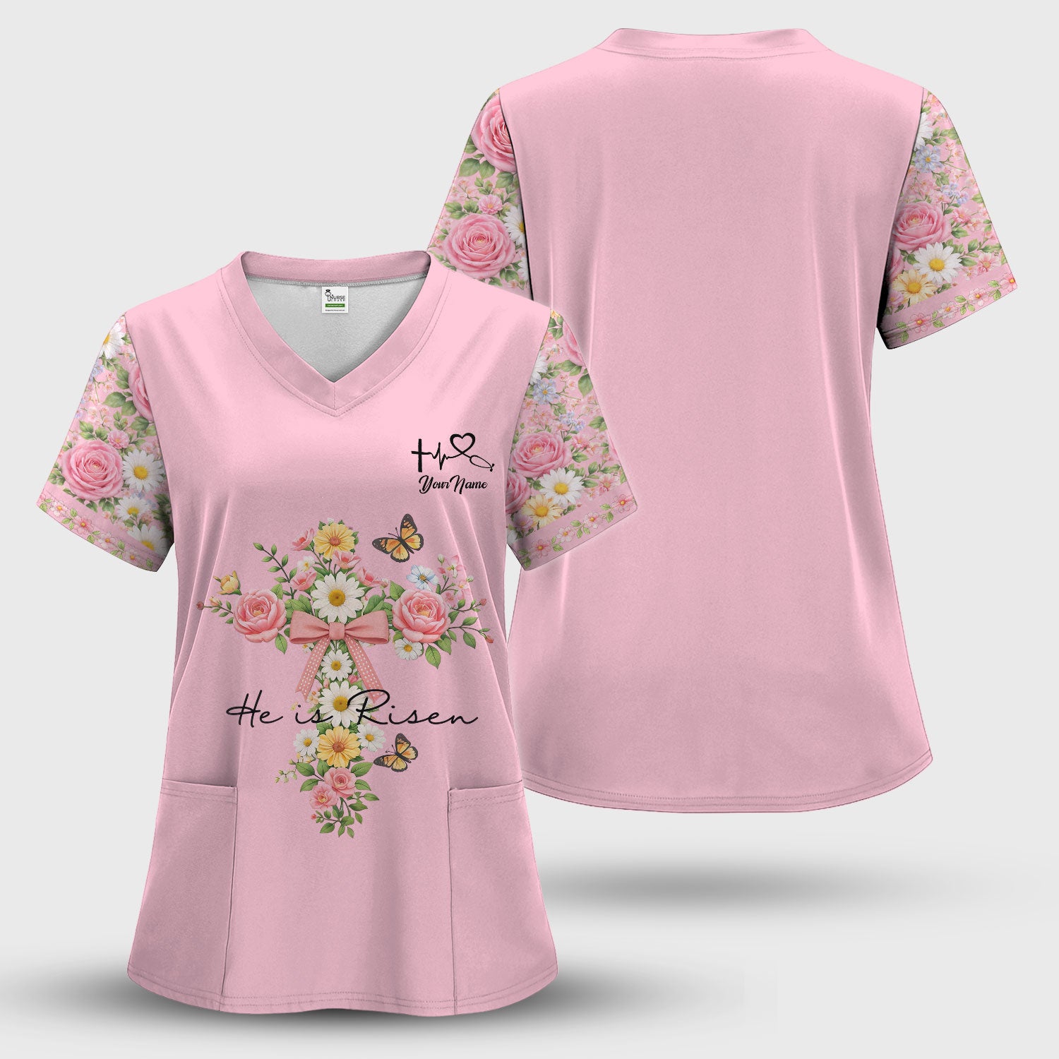 Personalized Meaningful Easter Nurse He Is Risen Floral Cross Bow Pattern Scrub Top, Comfortable Scrubs for Nurses
