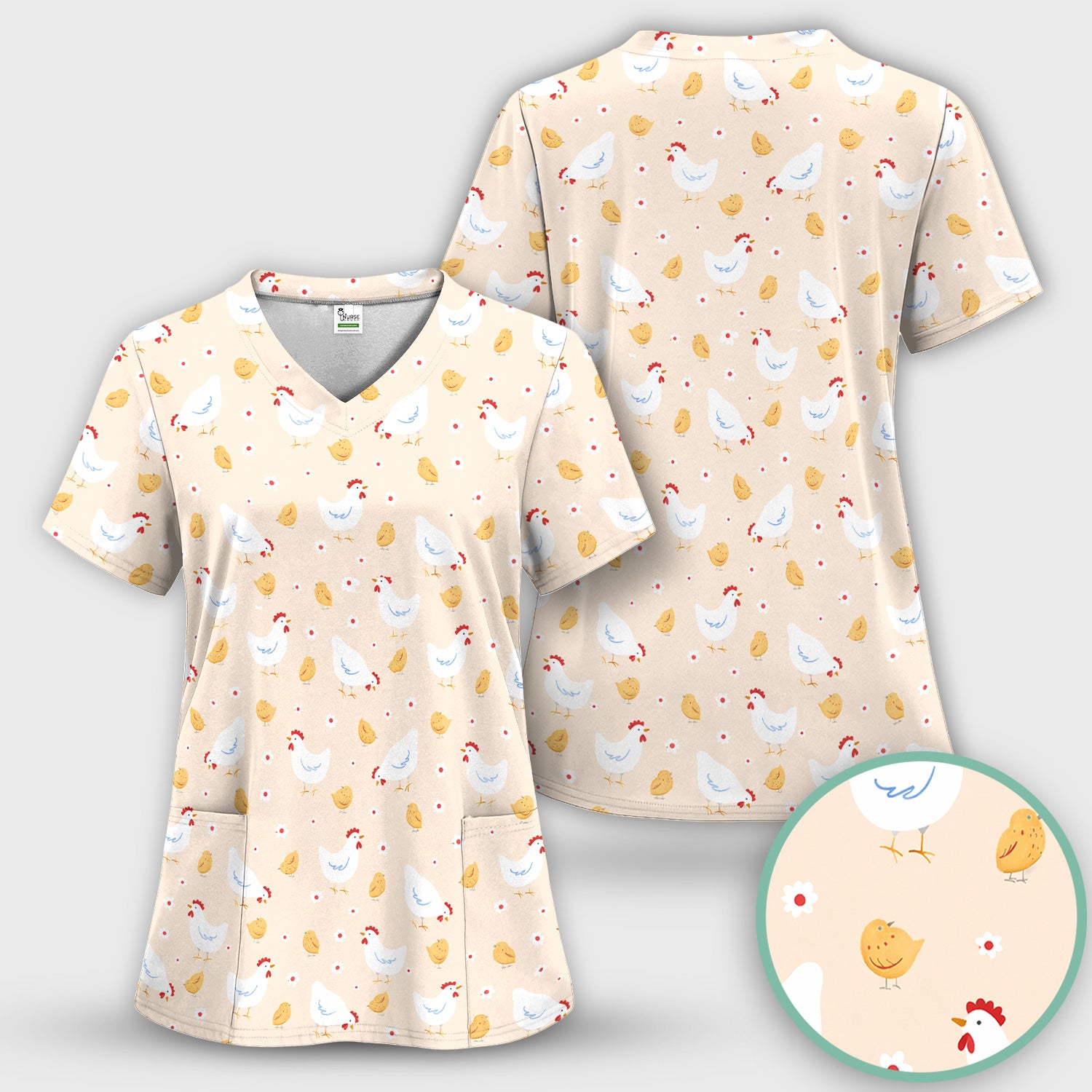 Chicken And Cute Chicks Pattern Scrubs Top, Comfortable Scrubs for Nurses
