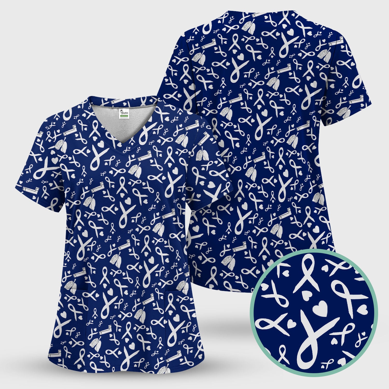 Lung Cancer Awareness Nurse Scrub Top - Gray Ribbon Inhaler & Lungs Pattern - COPD Asthma Medical Uniform Gift for RN LPN CNA