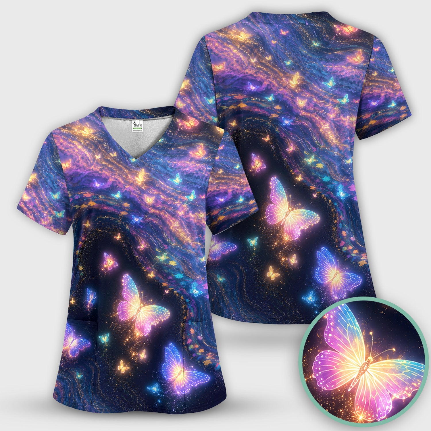 Neon Butterfly Galaxy Marble Print Scrub Top, Comfortable Scrubs for Nurses