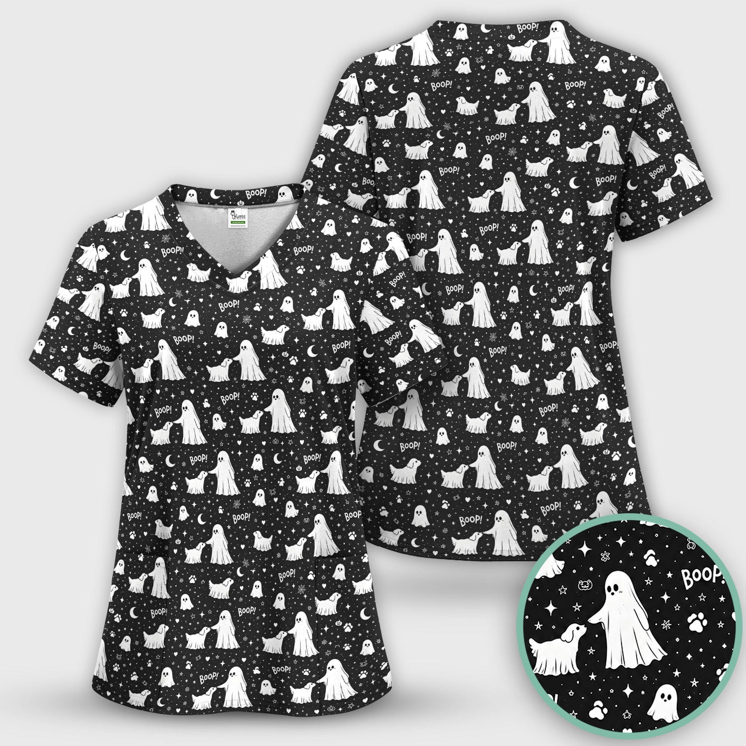Halloween Ghost Boop Dog Pattern Scrub Top, Comfortable Scrubs for Nurses