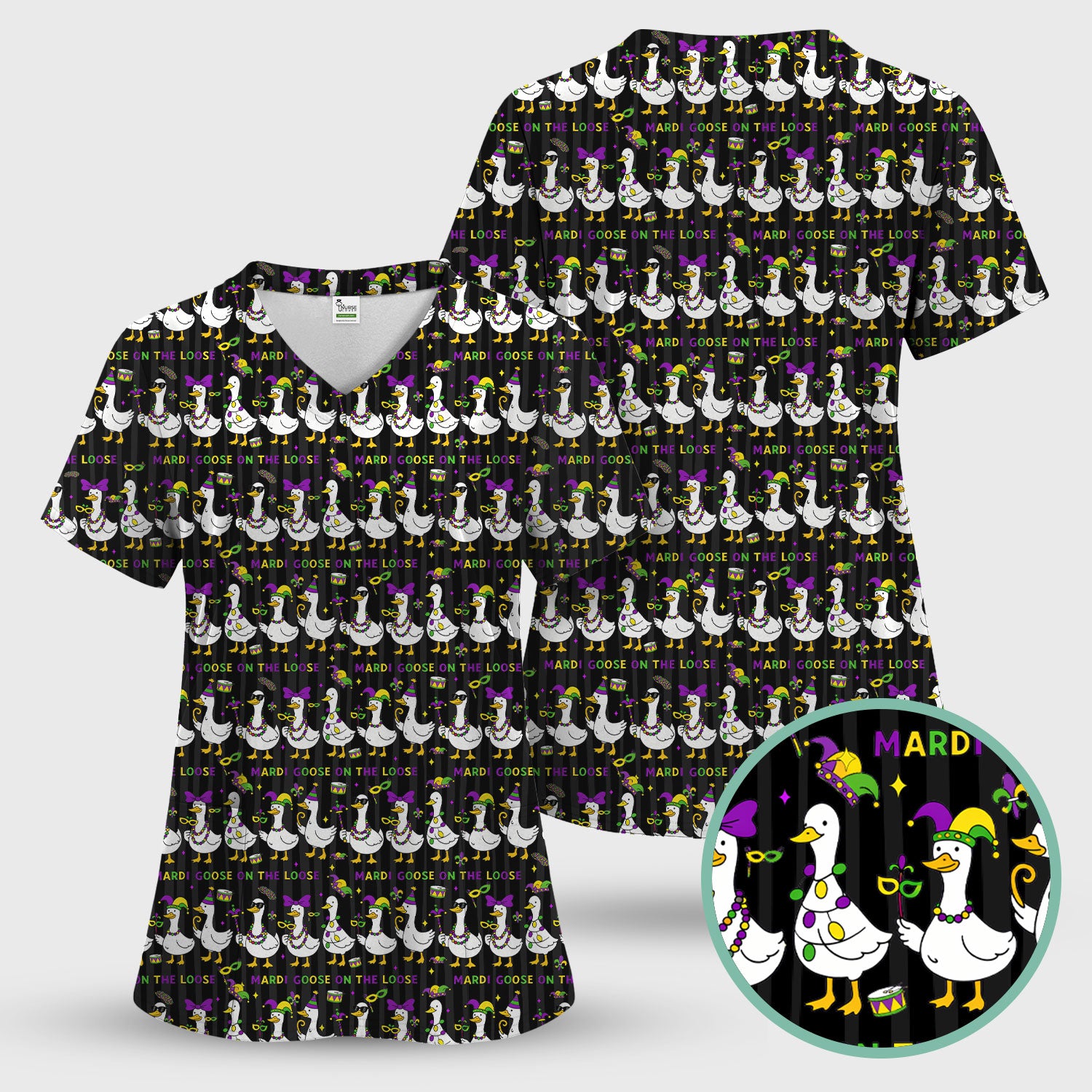 Mardi Gras Goose Nurse Scrub Set, Funny Carnival Medical Pattern Nurse Shirt, Breathable Fabrics Nursing Uniform