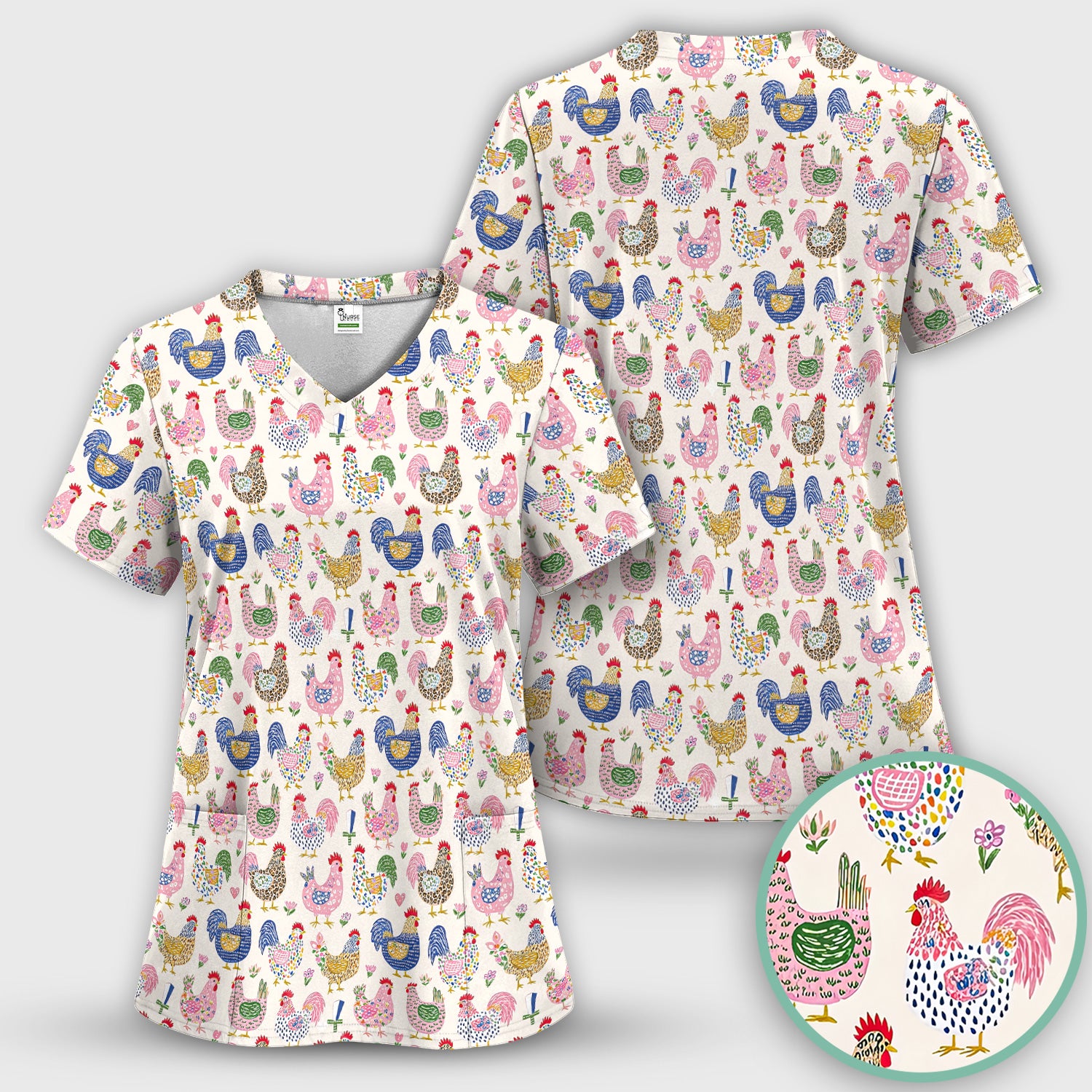 Funny Chicken Rooster Pattern Scrub Top, Breathable Fabrics Nursing Uniform