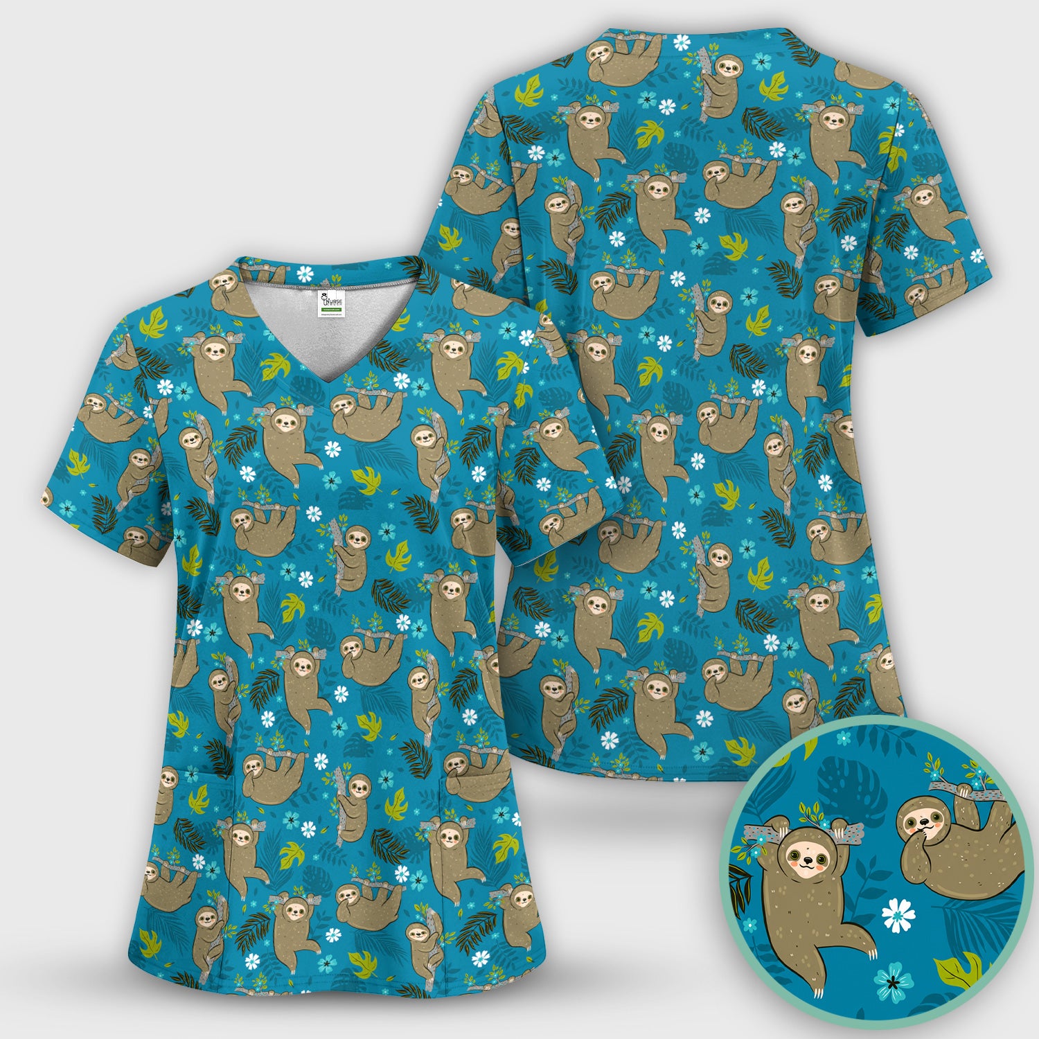 Jungle Tropical Sloth Pattern Scrub Top, Comfortable Scrubs for Nurses