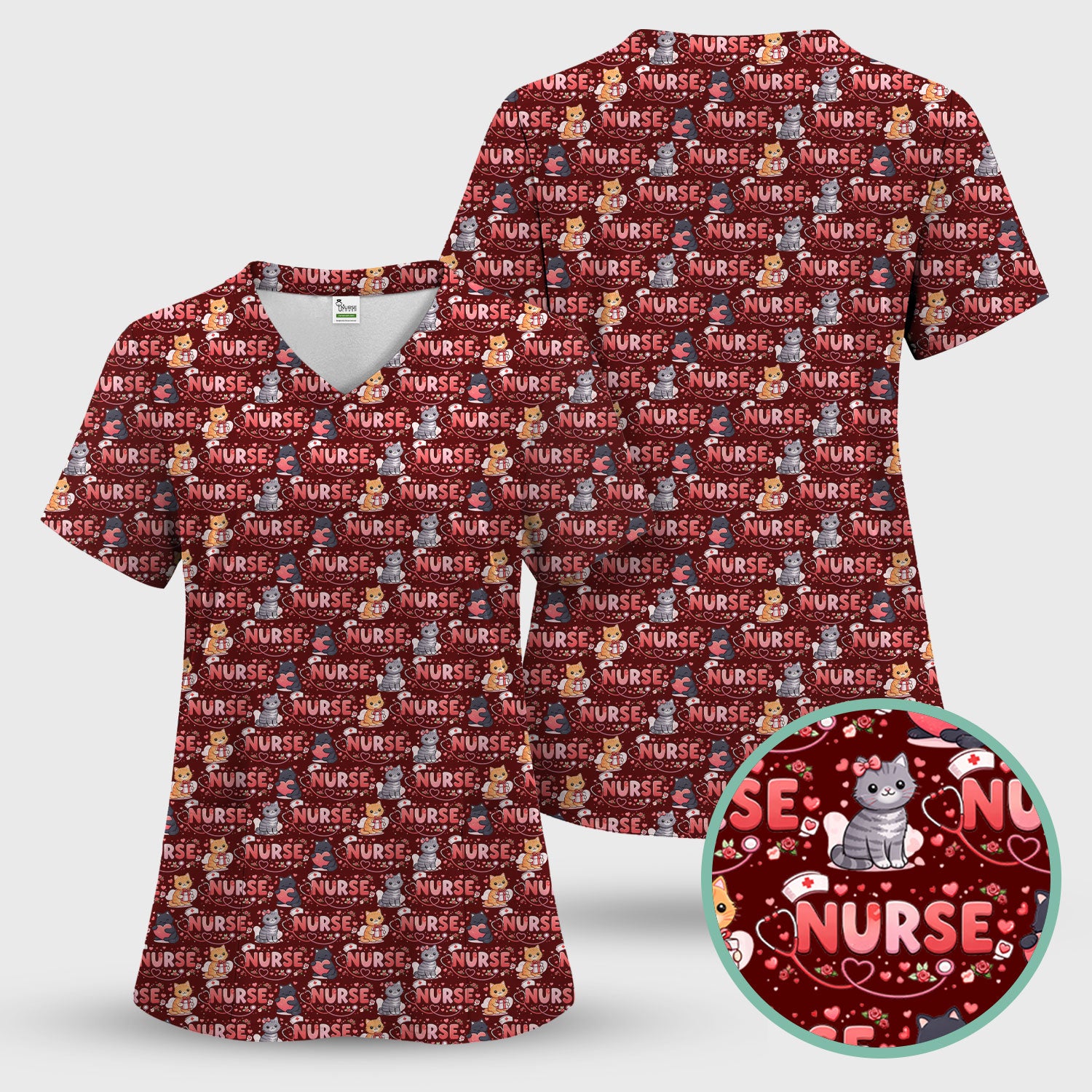 Nurse Cat Heart Pattern Valentine Scrub Set, Women's Scrub Sets V Neck Top