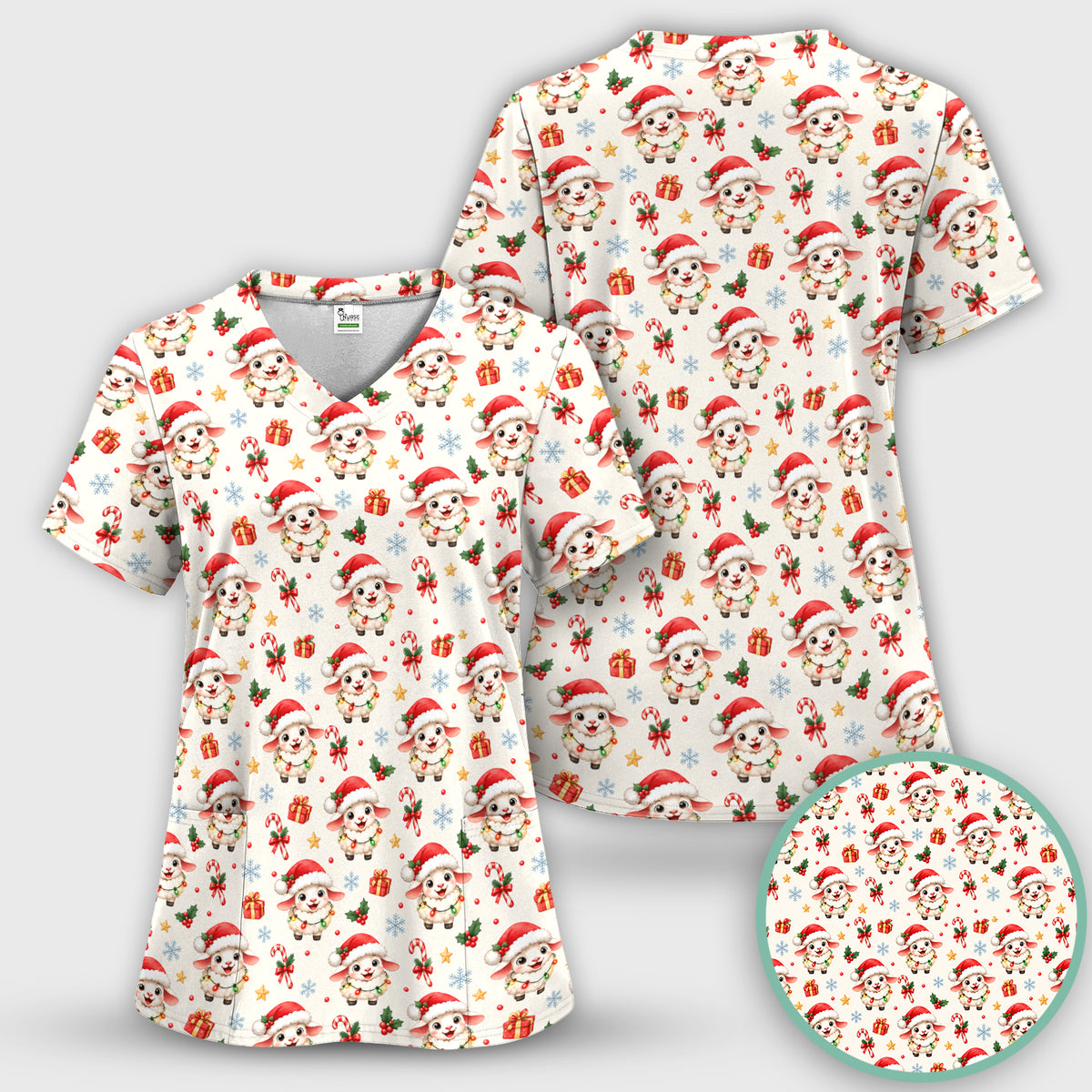 Christmas Lamb With Lights Scrub Top, Comfortable Scrubs for Nurses