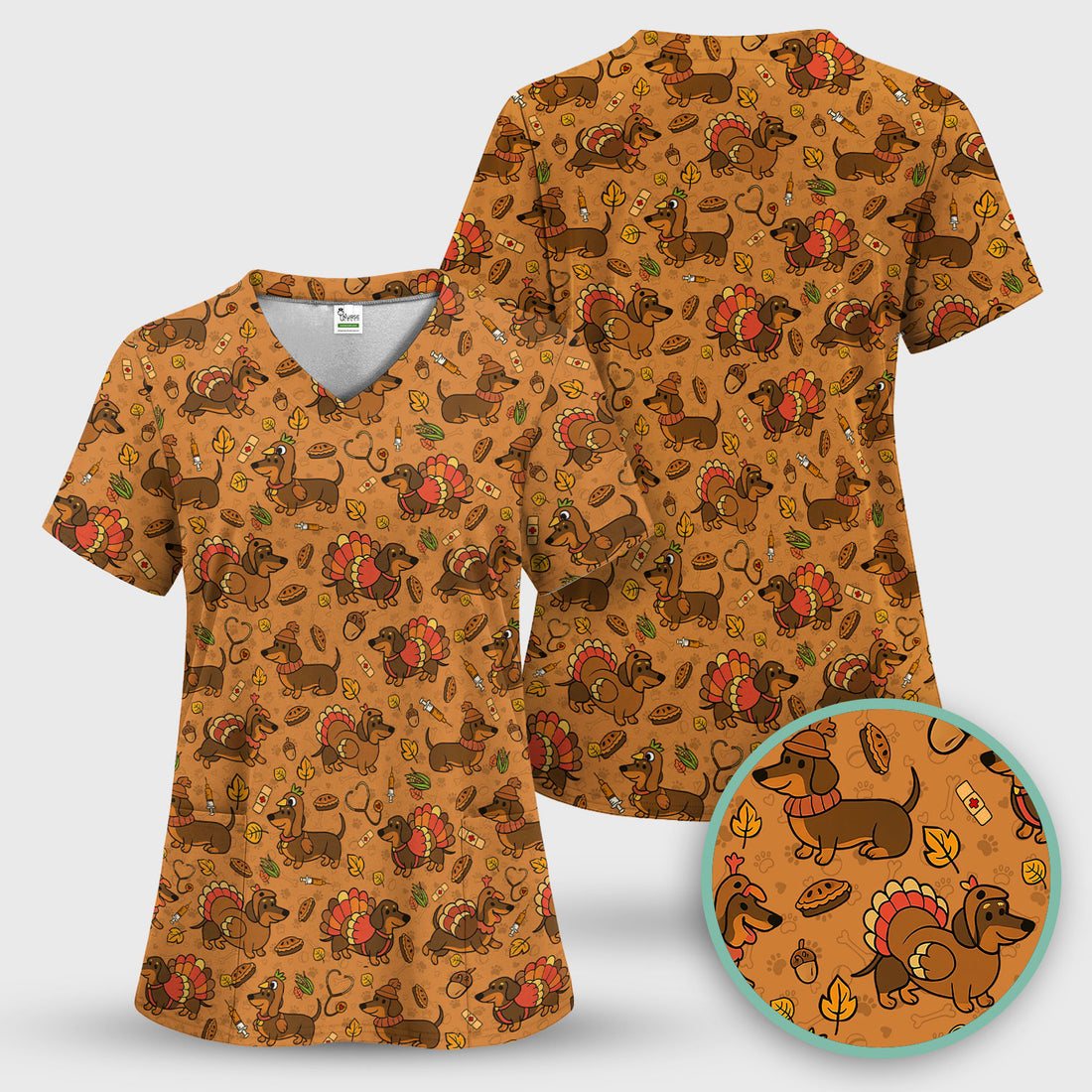 Thanksgiving Dachshund Scrubs Top - Cute Dog Turkey Medical Uniform Shirt for Nurses - Funny Holiday Gift