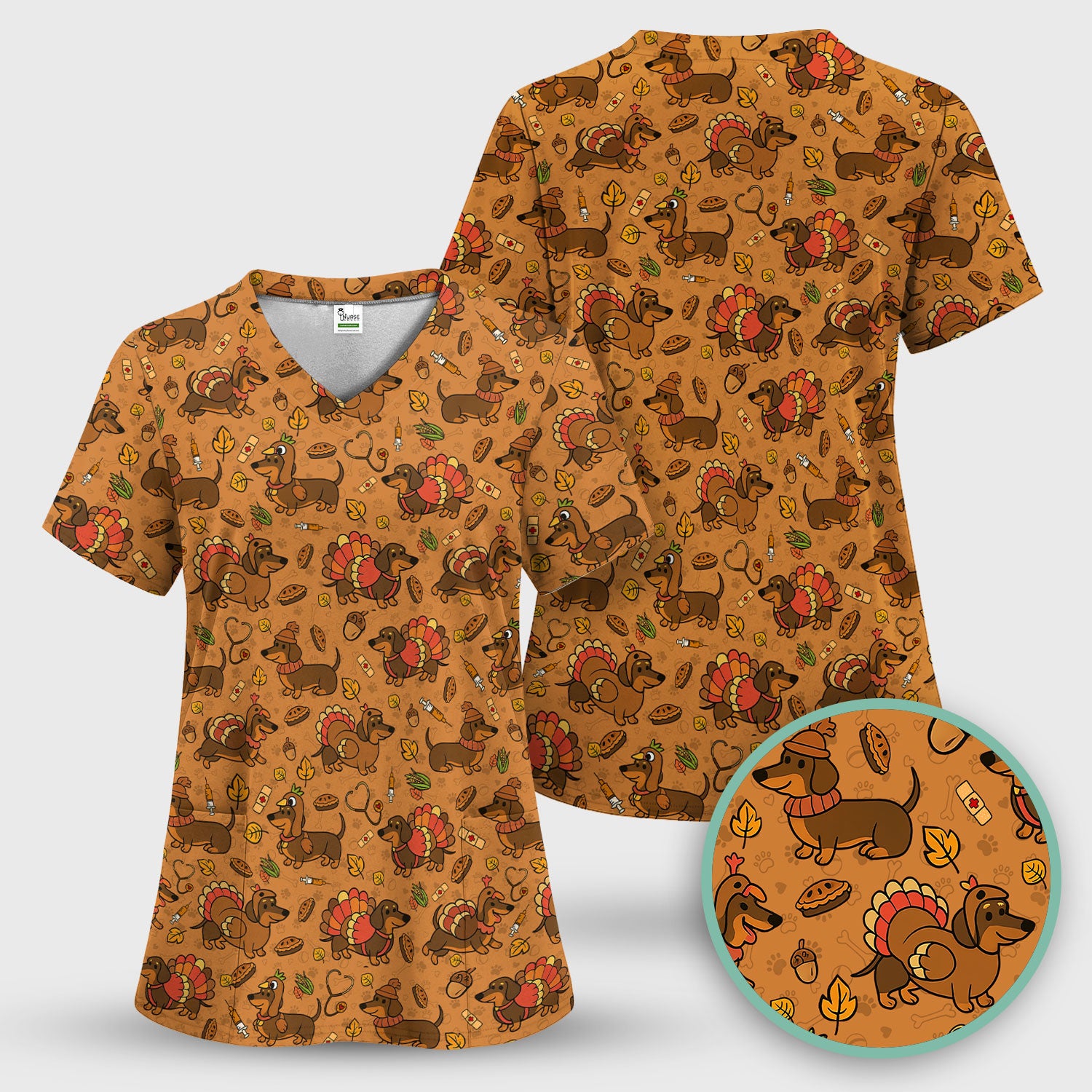 Thanksgiving Dachshund Scrubs Top - Cute Dog Turkey Medical Uniform Shirt for Nurses - Funny Holiday Gift