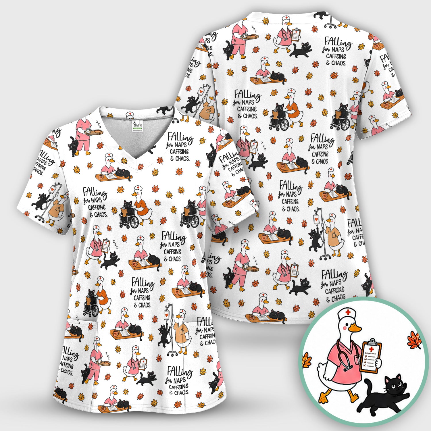 Funny Fall Nurse Goose And Black Cat Scrub Top, Comfortable Scrubs for Nurses