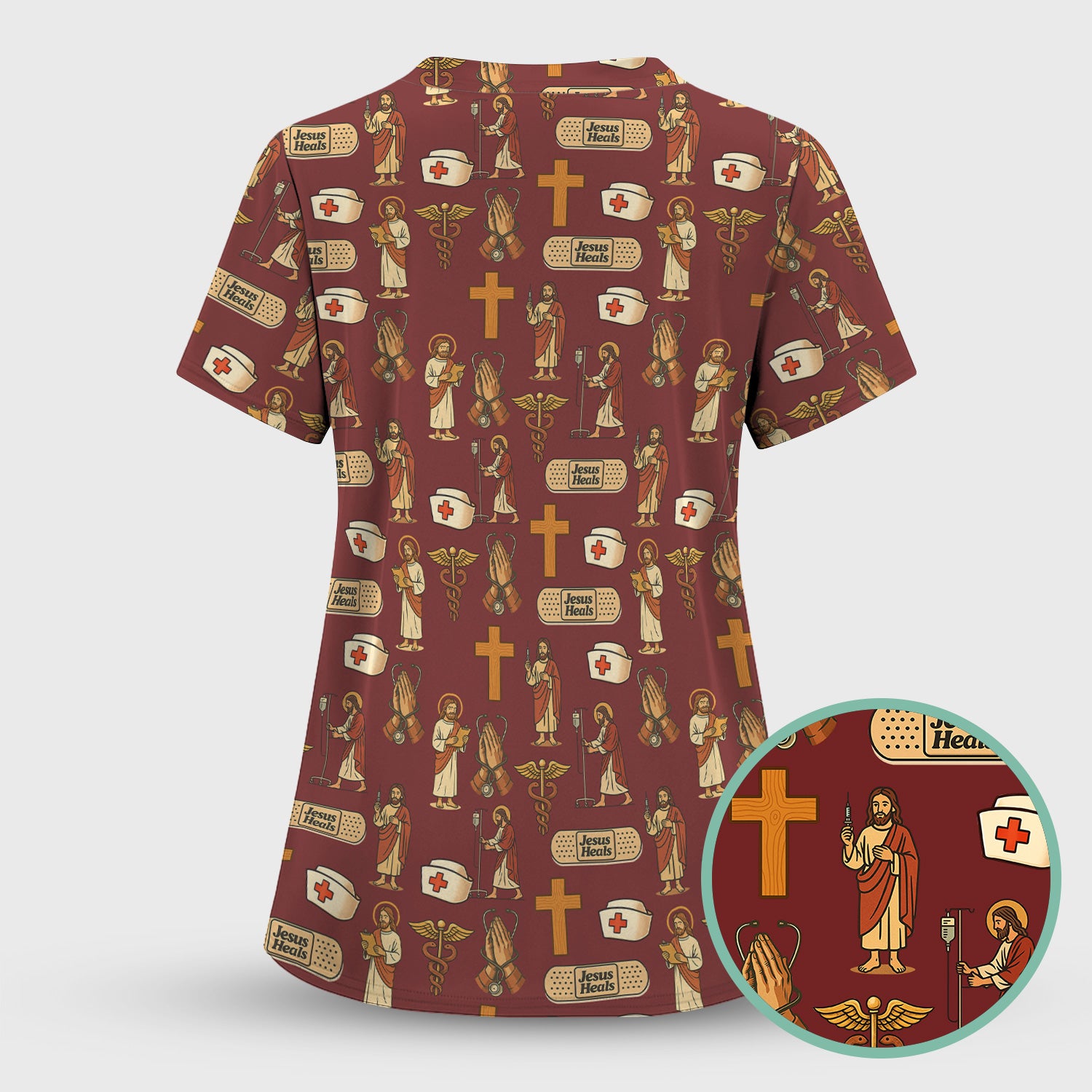 Christian Nurse Faith Scrub Top - Jesus Heals Quote & Religious Medical Pattern - Multiple Color Options Gift for RN LPN CNA